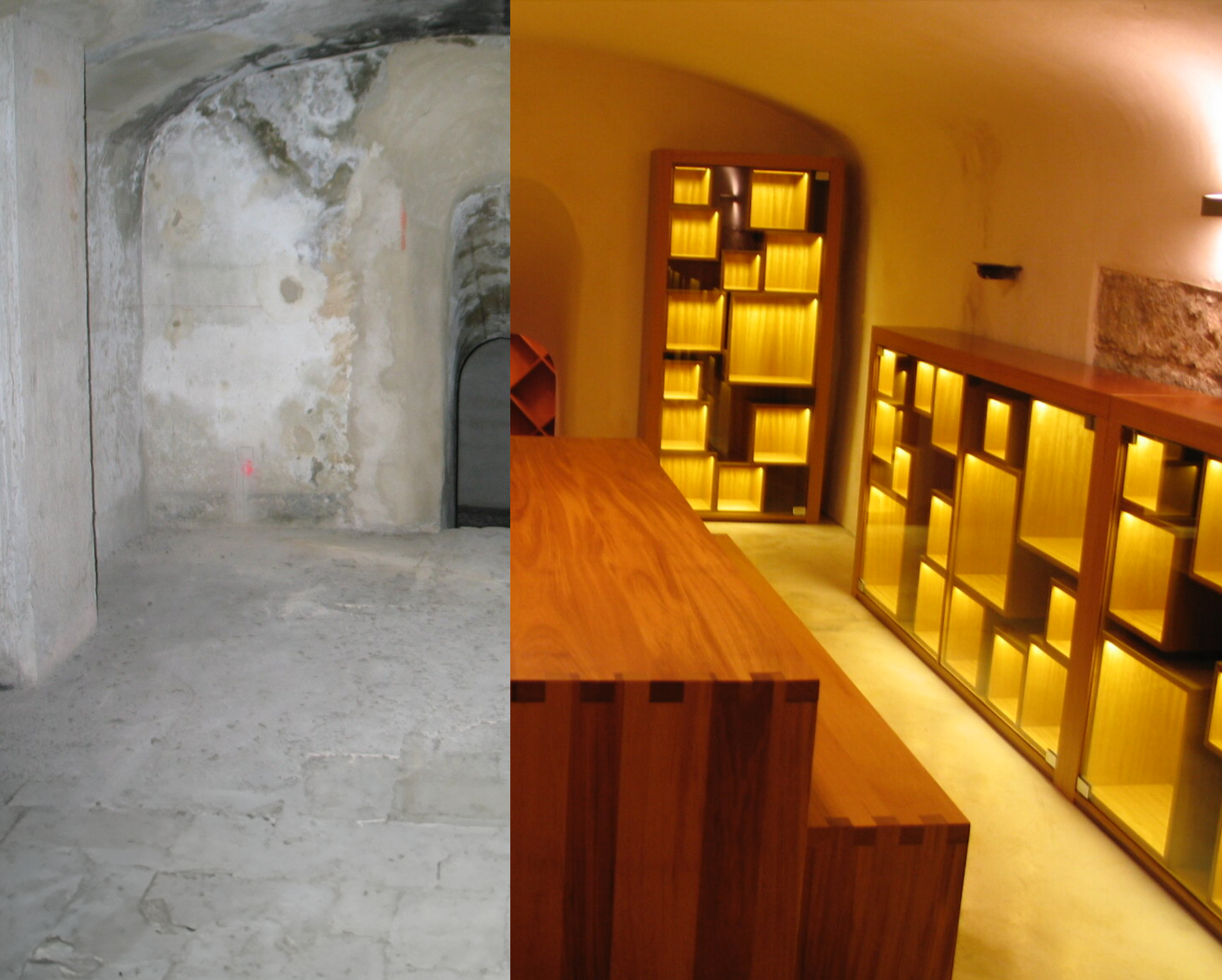 Imagen dividida en dos partes: la izquierda muestra un espacio de construcción con paredes de piedra y suelo de concreto, mientras que la derecha muestra una habitación moderna con estanterías de madera con iluminación cálida y una mesa de madera.