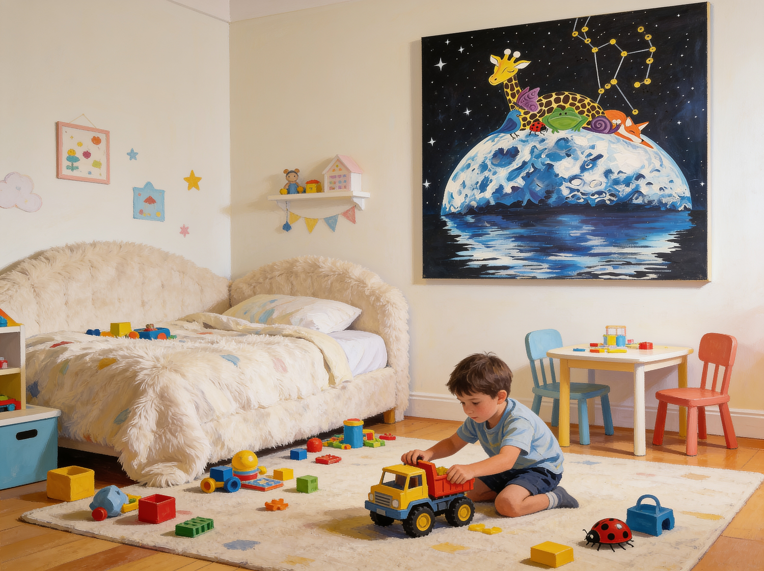 A young boy playing with a toy truck on a carpeted bedroom floor, surrounded by colorful toys. The room has a fluffy bed, decorated walls with playful artwork, a small table with chairs, and a large space-themed painting on the wall.
