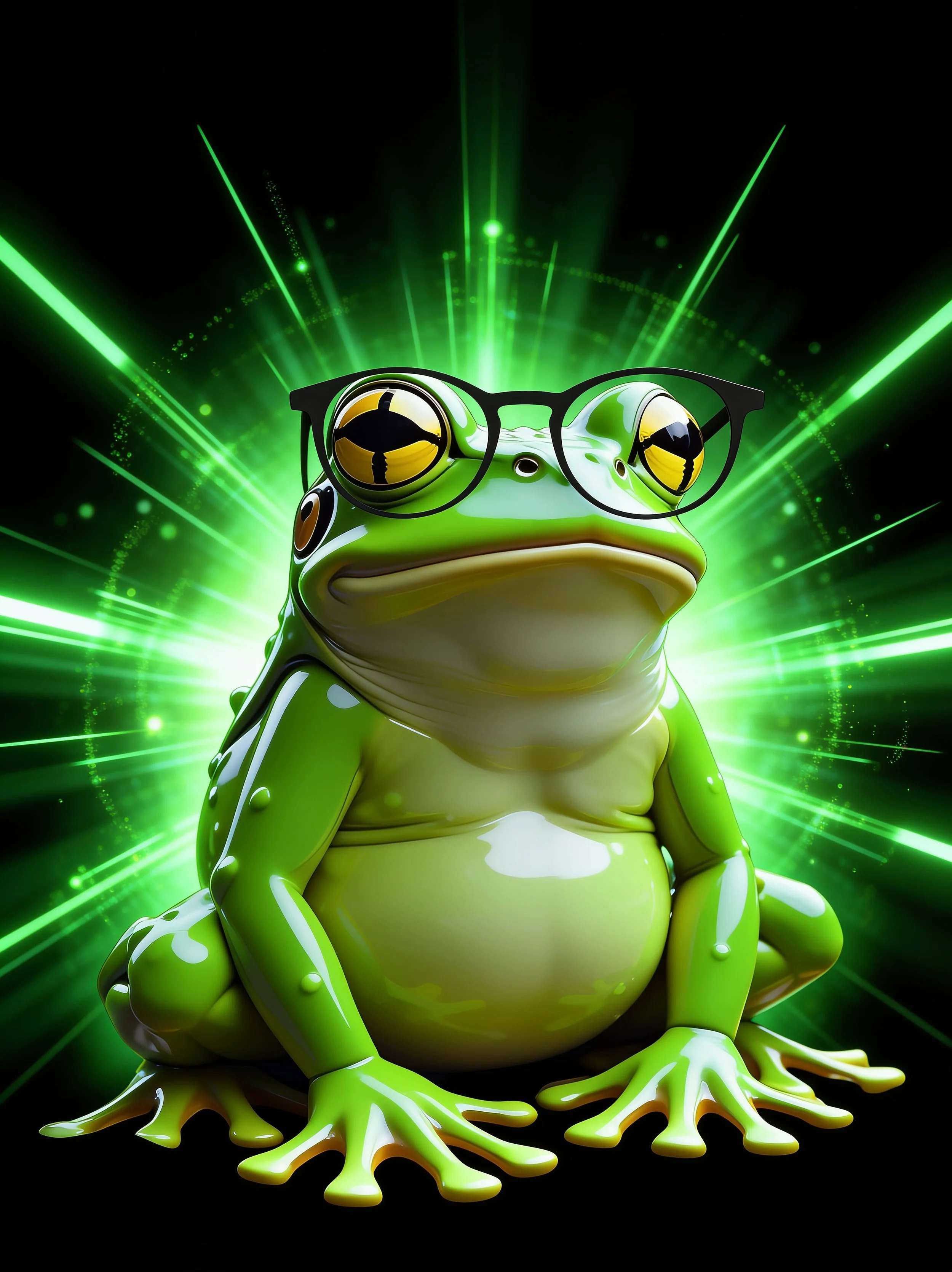 Hart the frog wearing black sunglasses, set against a black background with green laser light beams.