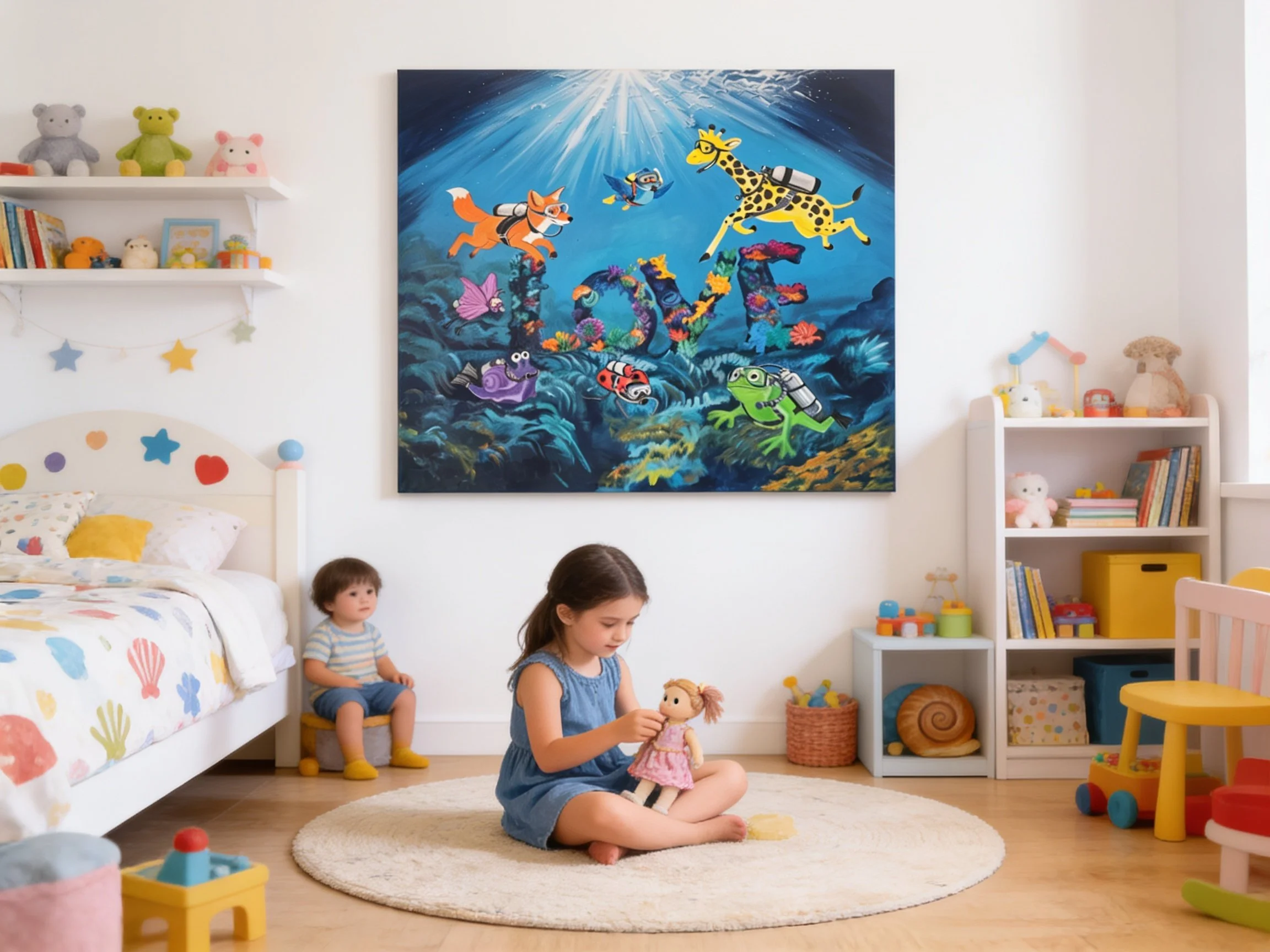 Children playing in a colorful kid's room with stuffed animals, bookshelves, and a large vibrant underwater-themed painting on the wall.