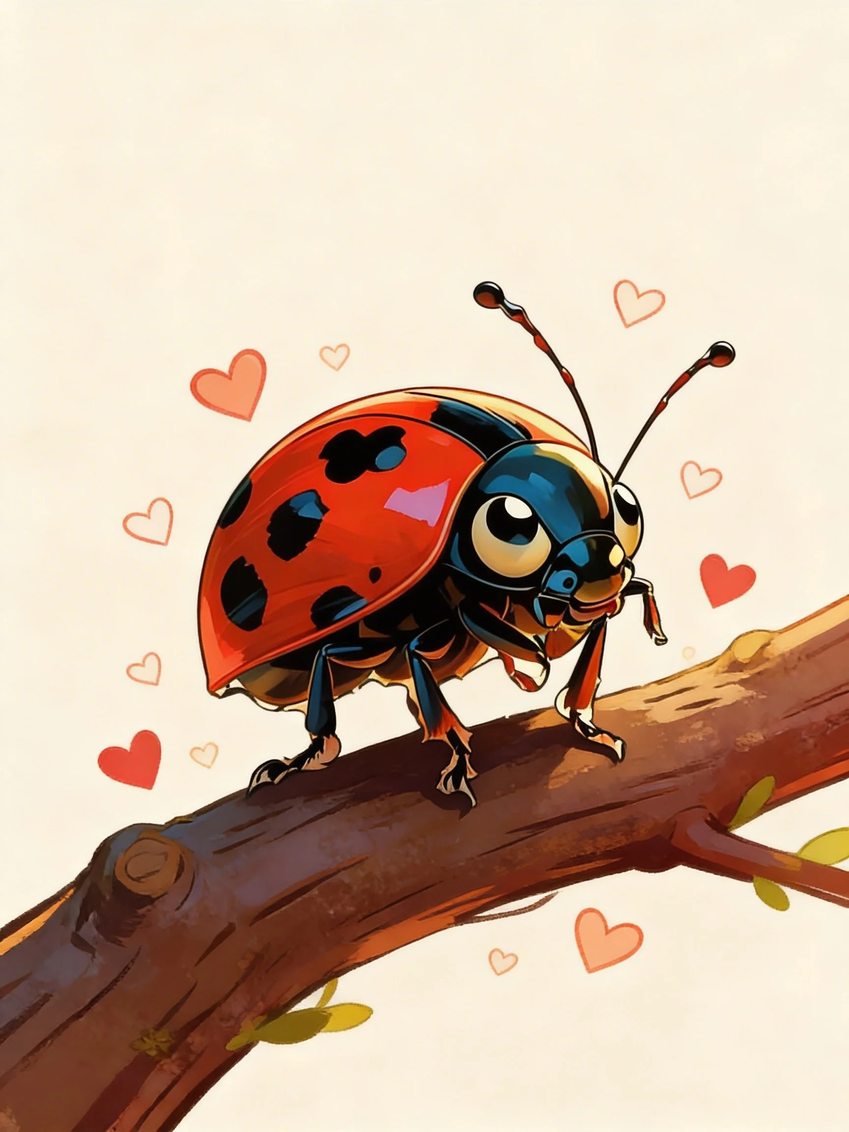 Root the ladybug with large eyes and black spots on its red shell sitting on a tree branch surrounded by small red and orange hearts.