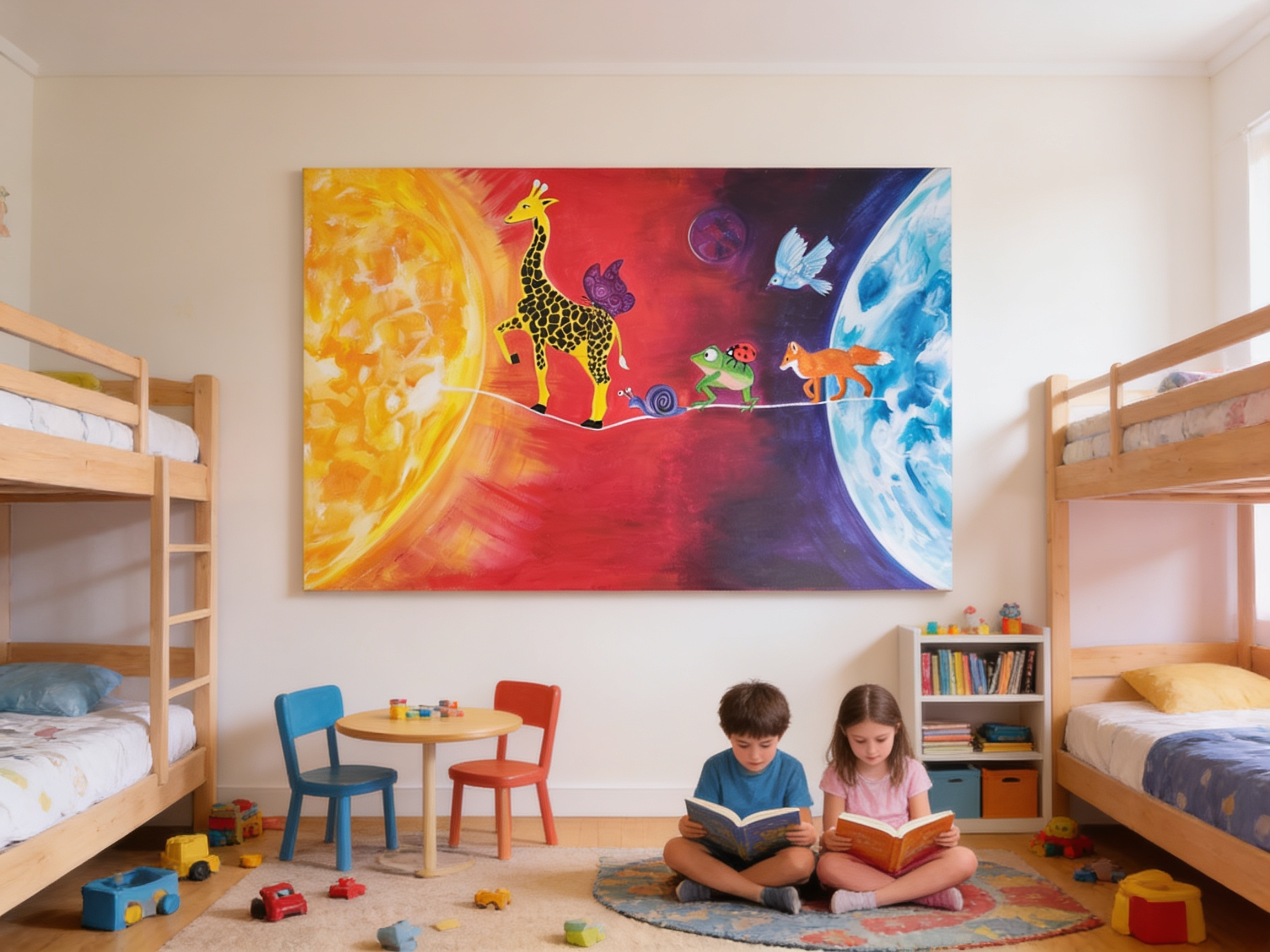 Children sitting on a rug in a bedroom, reading books, in front of colorful abstract art featuring a sun, giraffe, frog, and bird.
