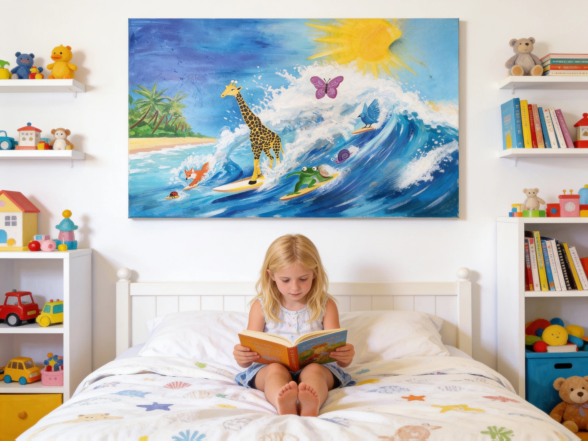 A young girl with blonde hair is sitting on a white bed, reading a colorful book. The room has white walls with shelves filled with toys and books. A large, colorful painting of a beach scene with a giraffe surfing on waves, surrounded by a butterfly, a bird, a snail, and a fox, hangs above the girl.