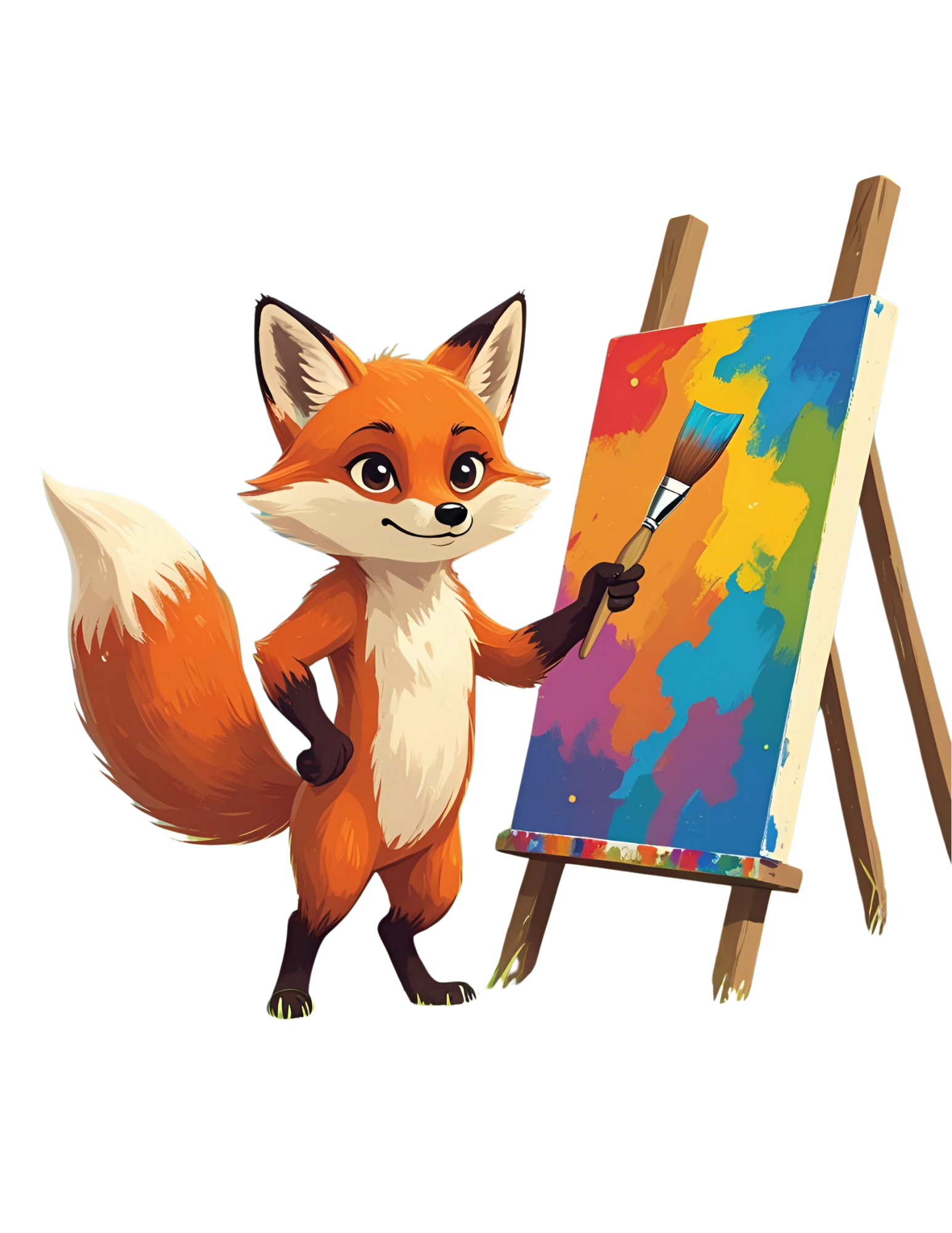Zac the fox standing next to an easel with colorful paint splatters, holding a large paintbrush.