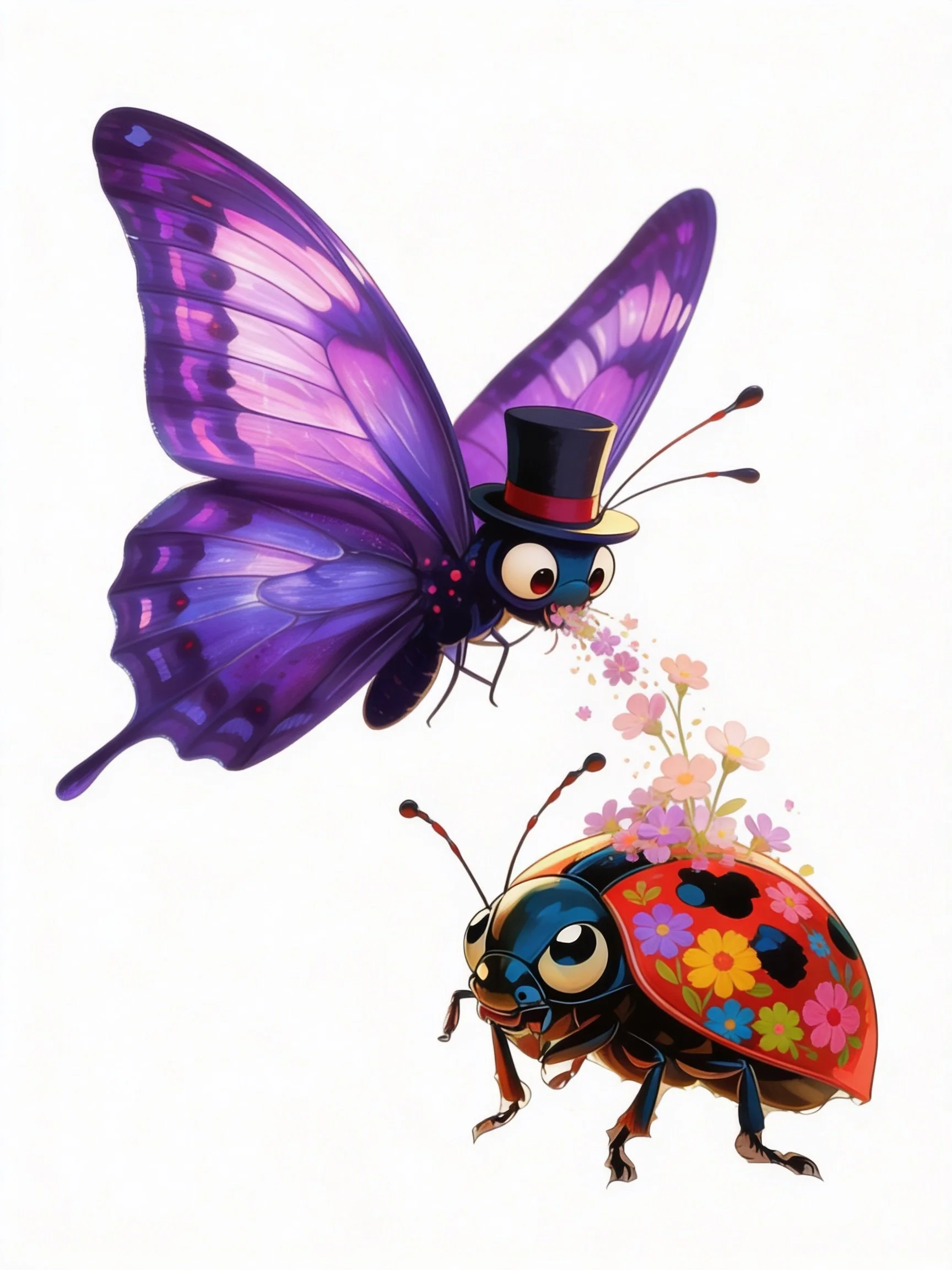 A colorful illustration of Cosmo the butterfly sprinkling flowers all over root the ladybug.