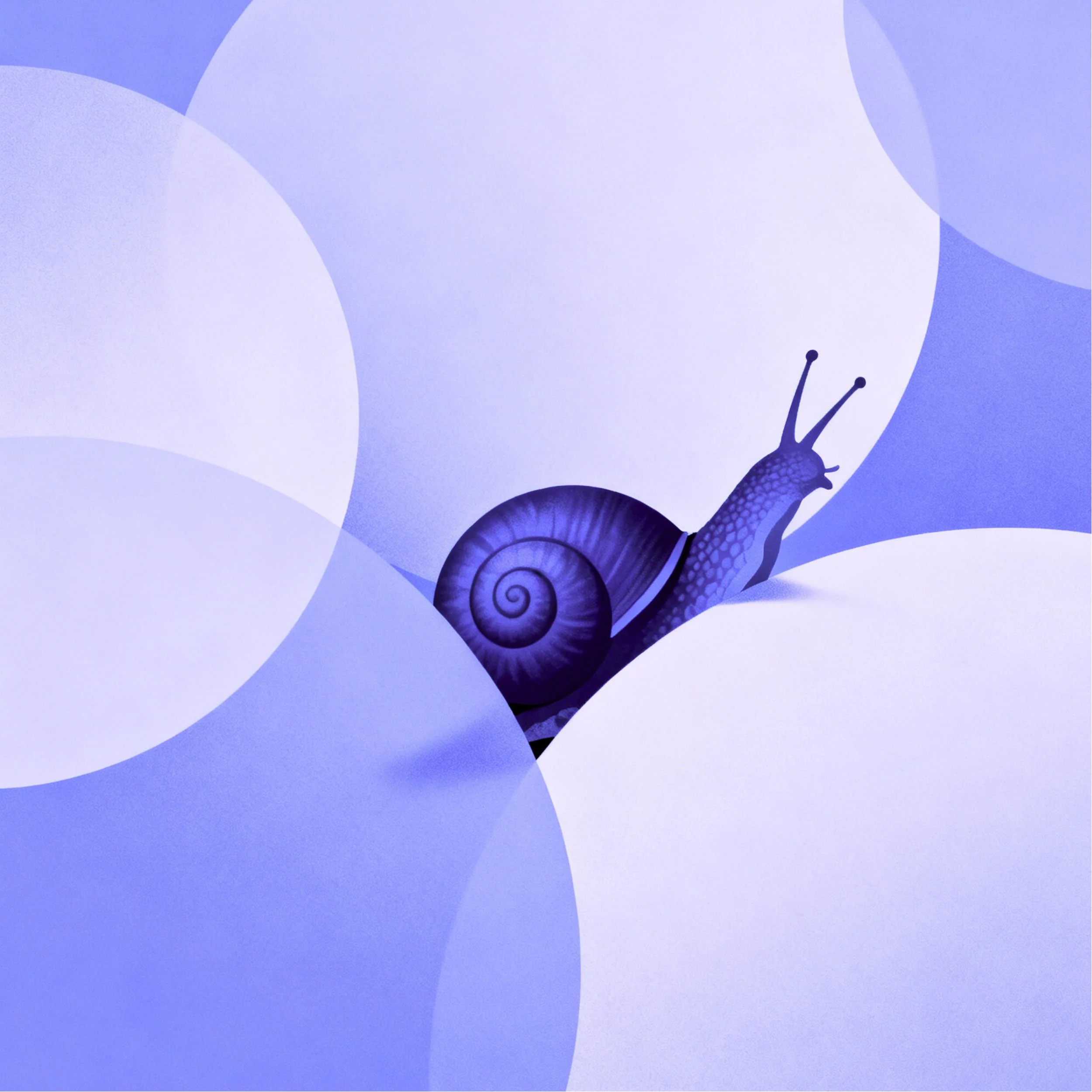 An Indigo Painting of Masters of Energy, Ojo the snail, with expressive eyes and a smile, set against a dark purple background with circular patterns.