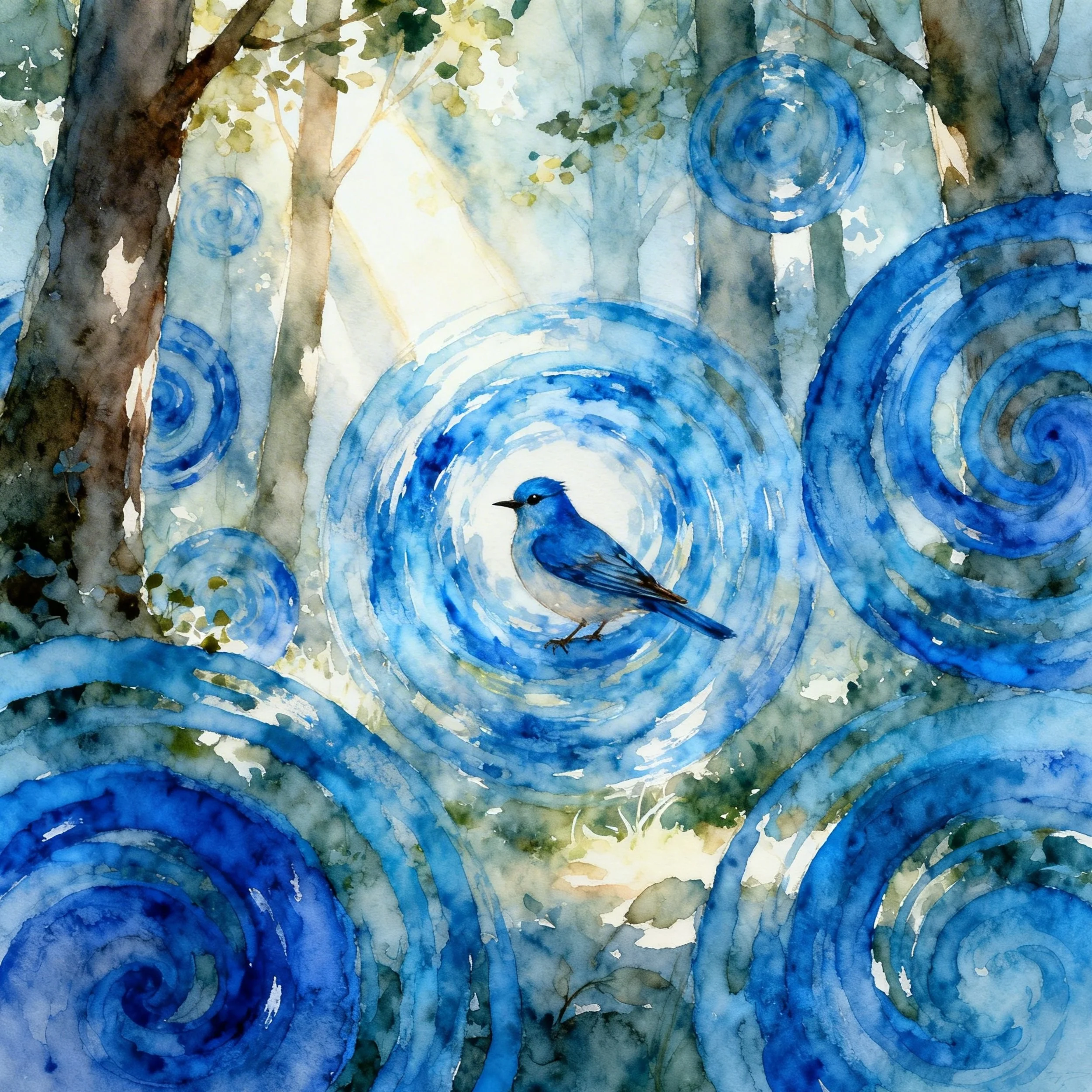 A blue painting of Masters of Energy Voz the Bluebird, standing on a dark blue background with lighter blue streaks.