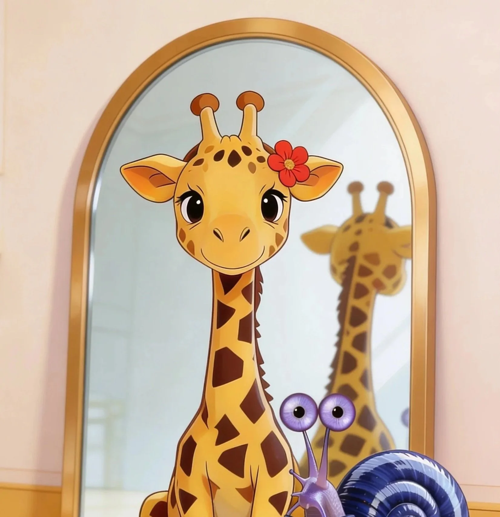 Sol the giraffe with a red flower on its head looking into a mirror, with its reflection and a purple snail nearby.