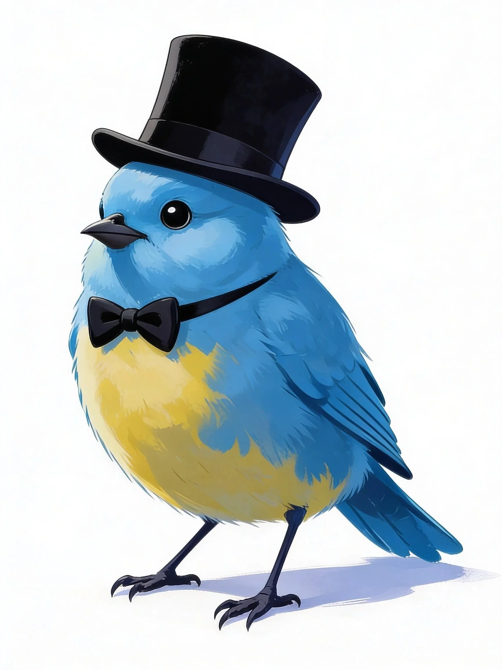 Voz the bluebird wearing a black top hat, black bow tie, and standing on one leg on a white background.