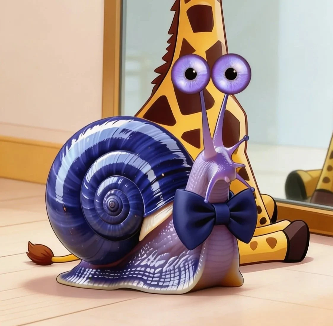 Ojo the snail with large purple eyes and a blue bow tie, sitting on a wooden floor with a giraffe-themed background.