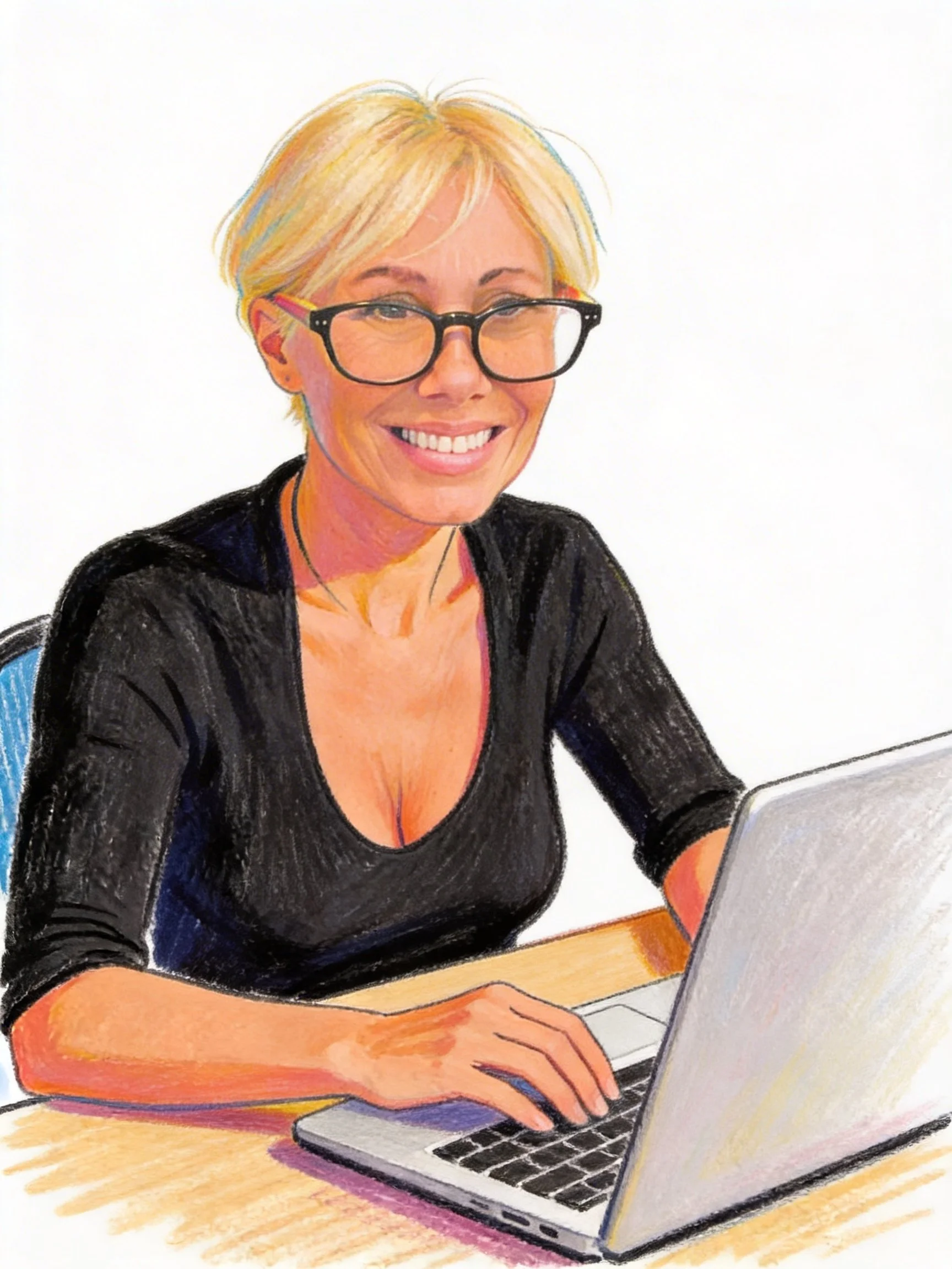 Drawing of a woman with short blonde hair, glasses, and a black top working on a laptop at a desk.