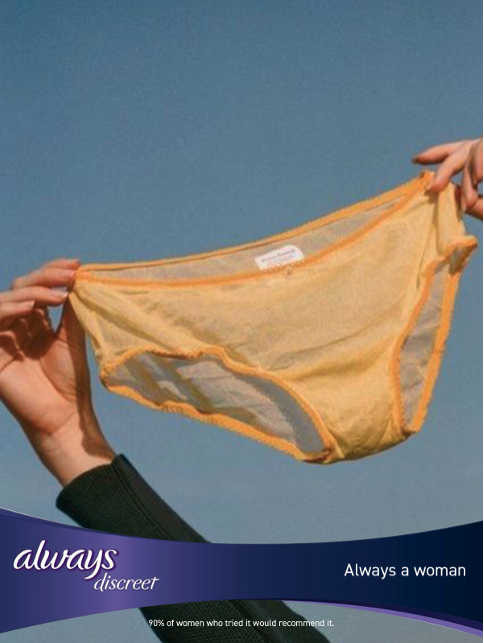 Always Discreet pants held up proudly