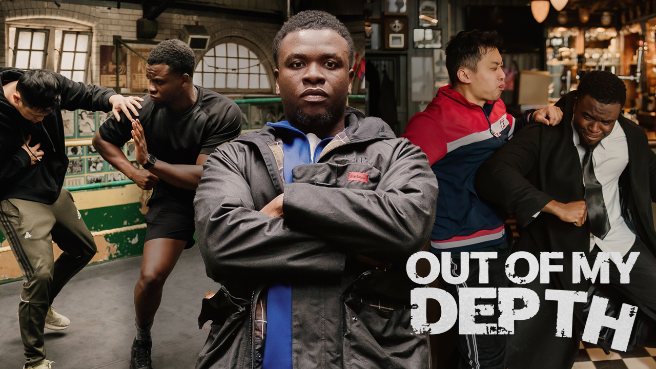 A group of five young men in a gym or recreational space. The center man is standing with his arms crossed, facing forward, wearing a gray jacket. Behind him, two pairs of men are engaged in playful wrestling or mock fighting, one in black and the other in athletic attire. The background shows gym or bar decor. Text overlay reads "OUT OF MY DEPTH" in white, distressed font.