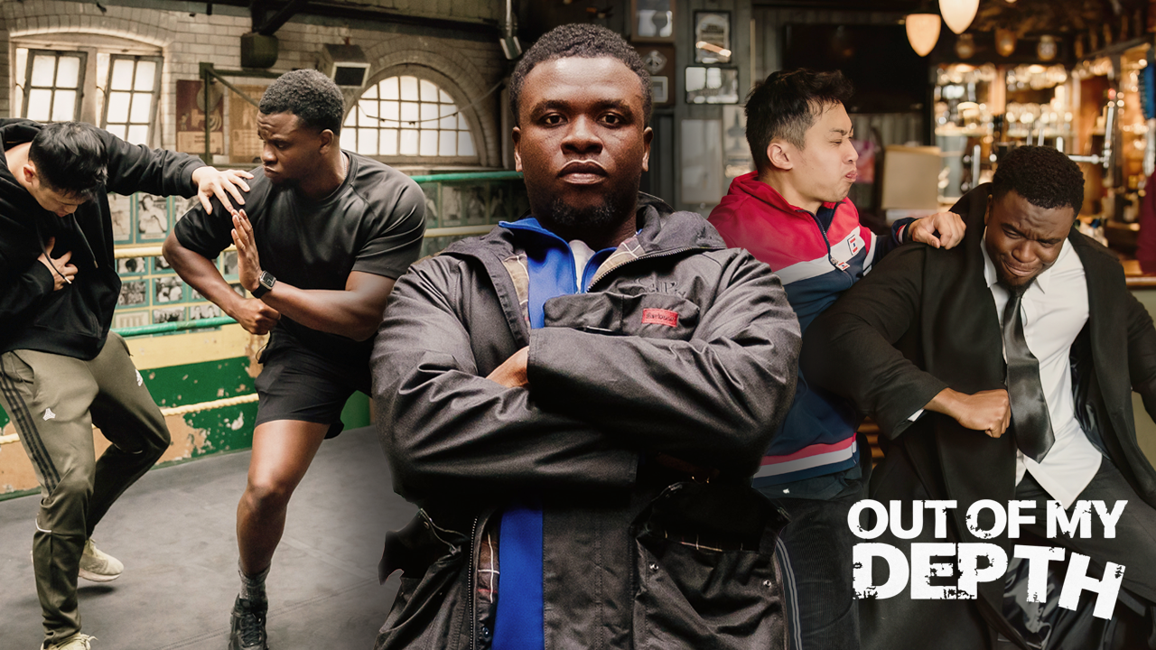 A group of five young men in a dimly lit boxing gym. One in the foreground with arms crossed, wearing a black jacket, staring serious. The others are behind him, showing different expressions of discomfort or tension. The gym has large windows and punching bags in the background. The text 'OUT OF MY DEPTH' is in the bottom right corner.
