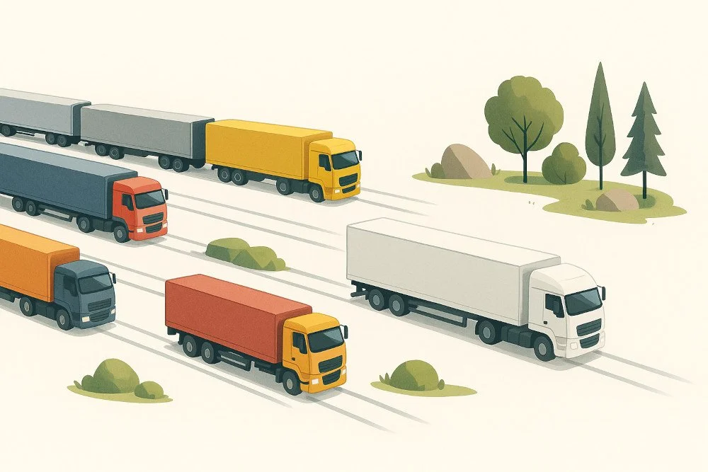 Illustration von mehreren LKWs in verschiedenen Farben auf einer Straße mit Bäumen und Steinen im Hintergrund.
