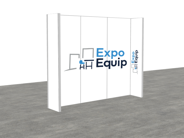 Trennwand mit dem Logo und dem Schriftzug 'Expo Equip' in Blau und Schwarz.