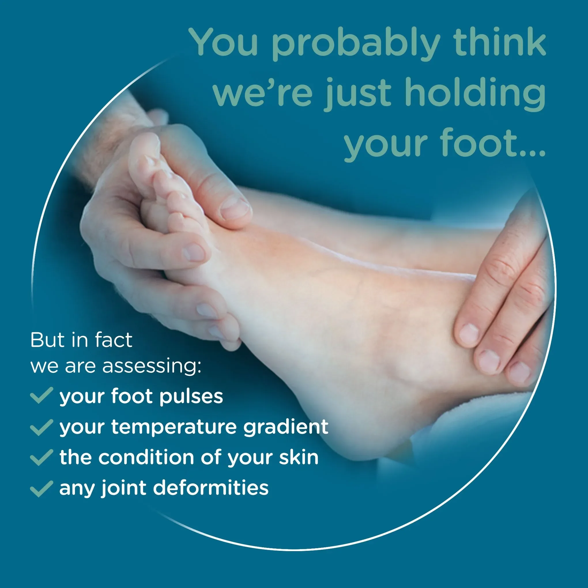 Close-up of a person's hand taking their pulse on their wrist, overlay with text about holding the foot for assessment, with a medical or health context.