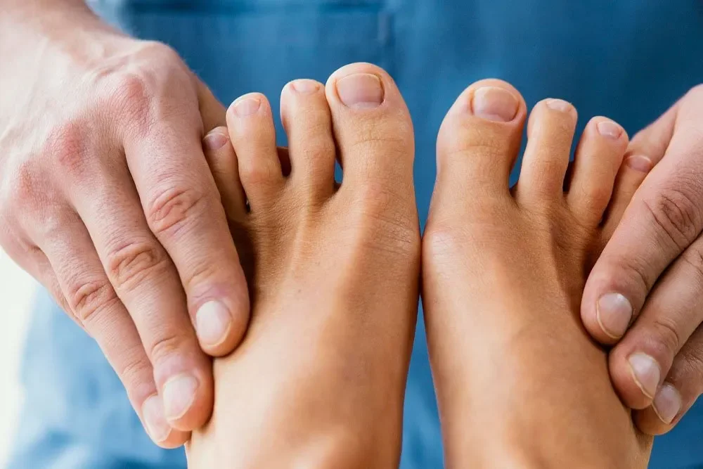 Two people holding and massaging each other's feet.