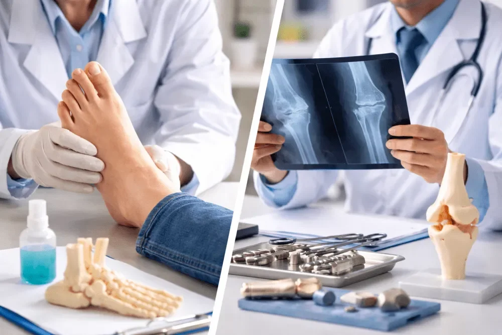 Two doctors in white coats, one examining a foot and the other reviewing an X-ray of knees, with medical models and equipment in the background.