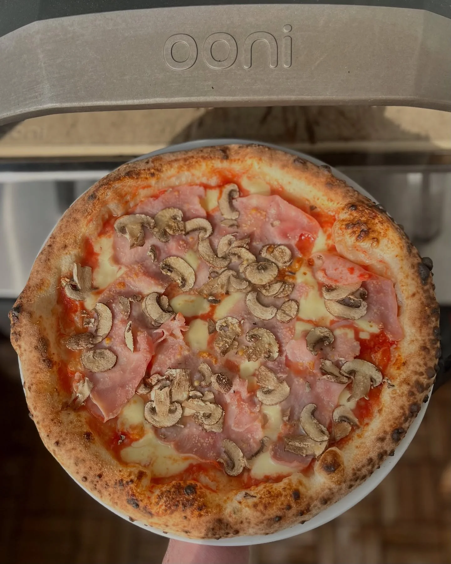 PROSCIUTTO E FUNGHI🍄&zwj;🟫
.
Eine Kombination, die einfach immer geht😋
.
San Marzano Tomaten
Fior di Latte
Prosciutto Cotto
Champignons
Parmesan
.
Gebacken im @oonide Koda 16 auf 430 Grad🍕🔥
.
#basilli#basillipizza#oonified#ooniambassador#powered
