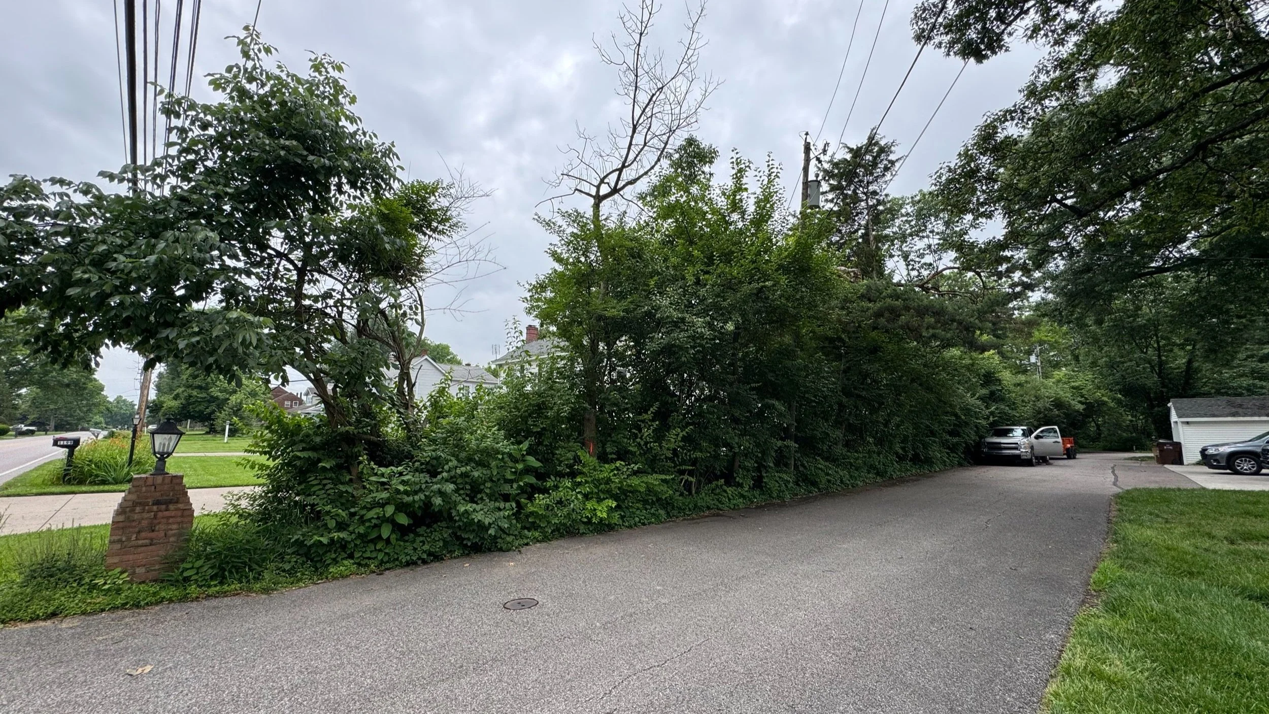 A driveway bordered by green bushes and trees, with parked cars at the end. A sidewalk and lawn with a decorative brick pillar and lanterns are on the left, along with a street with more greenery and houses. The sky is cloudy.