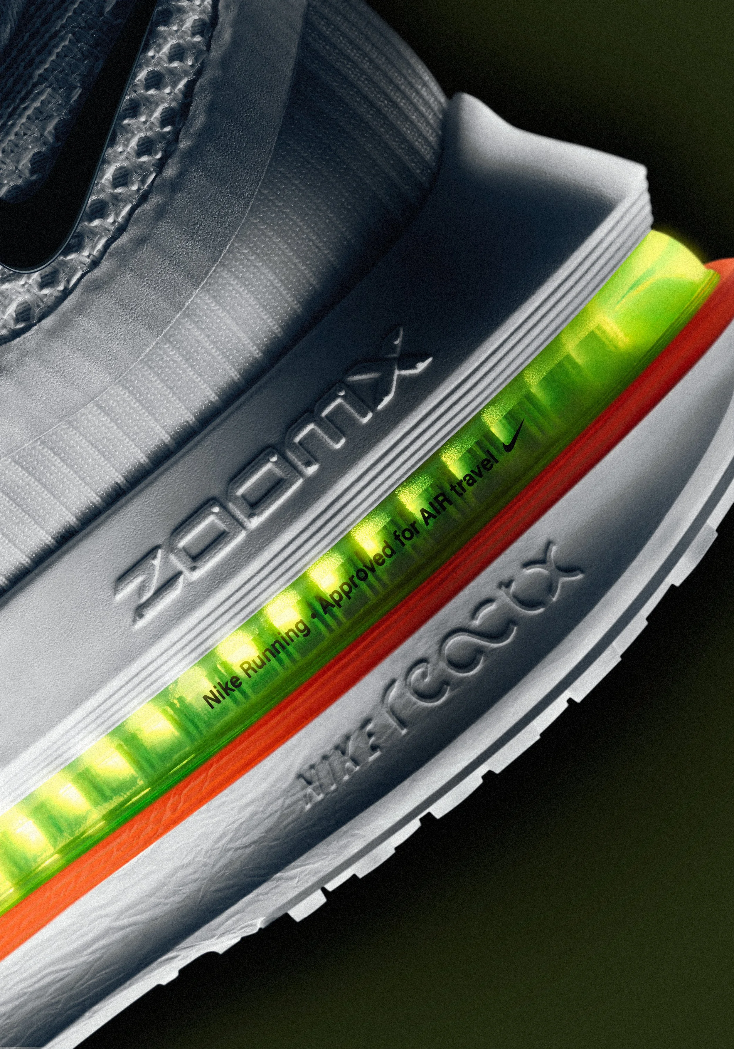 Close-up profile of Nike ZoomX trainer with neon green React cushioning, retouched by Nikhil Kakkar