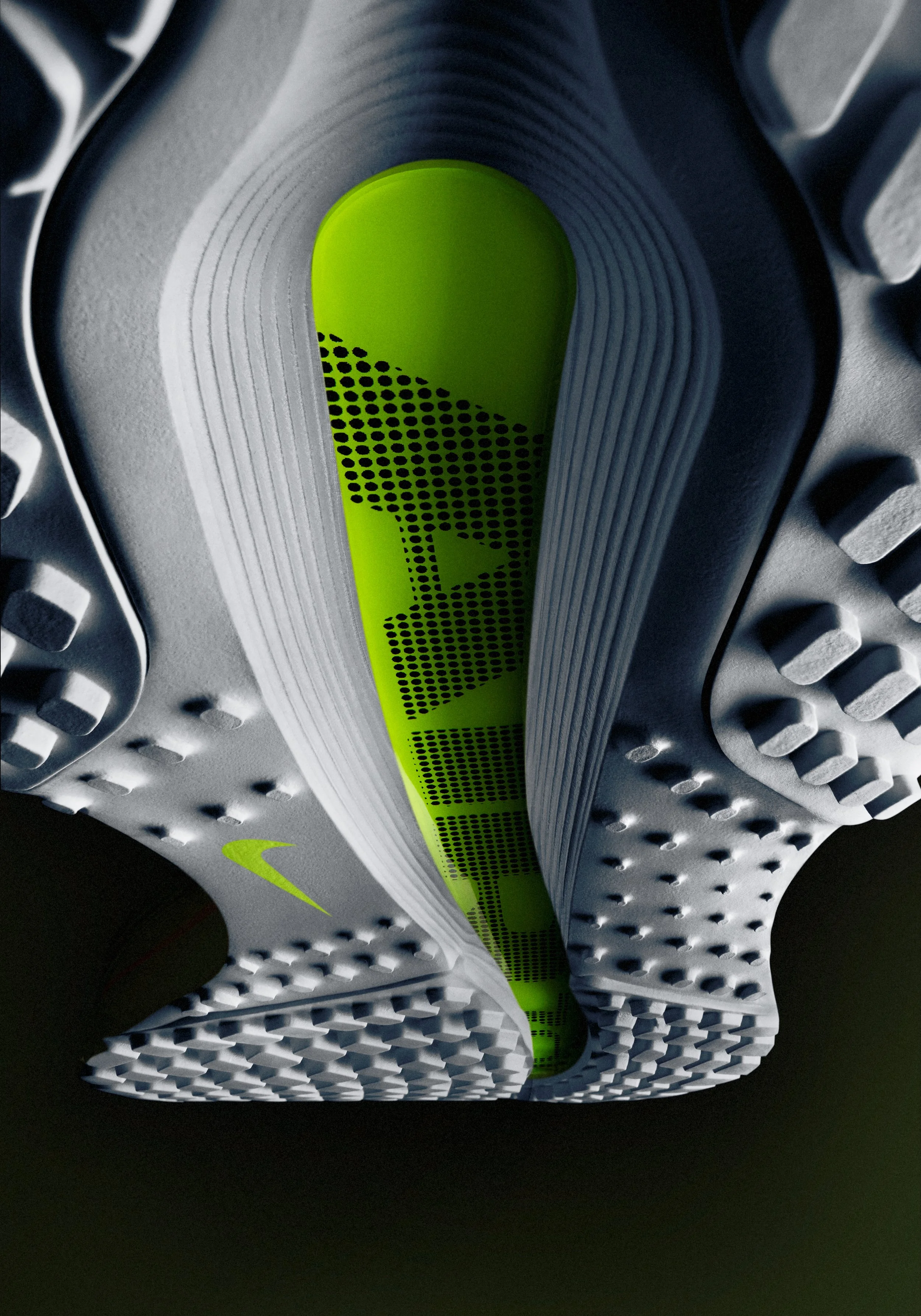 Angled view of Nike ZoomX outsole showing volt Air unit and tread detail, high-end product retouching