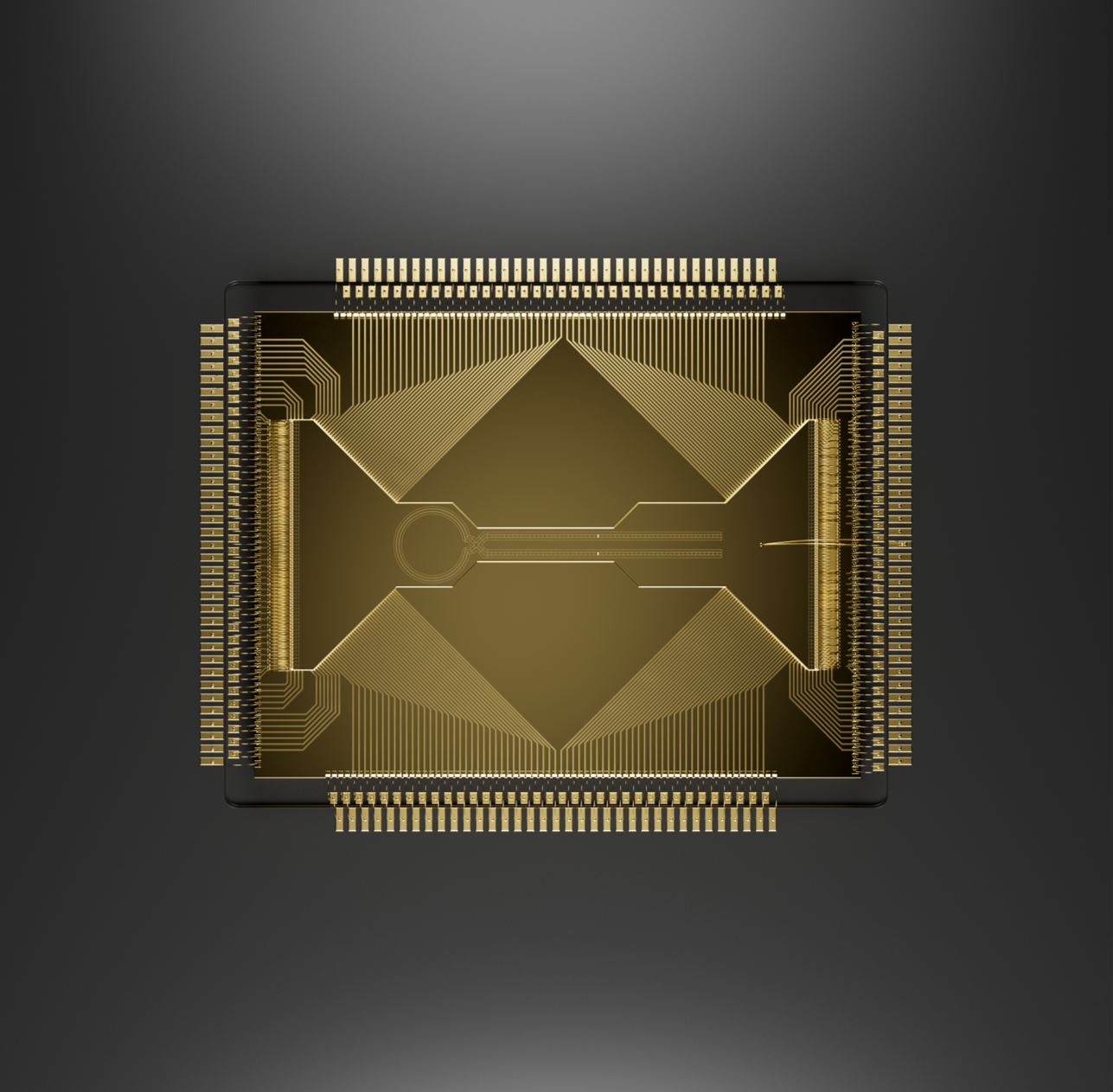 A computer microchip with gold circuitry on a black background.