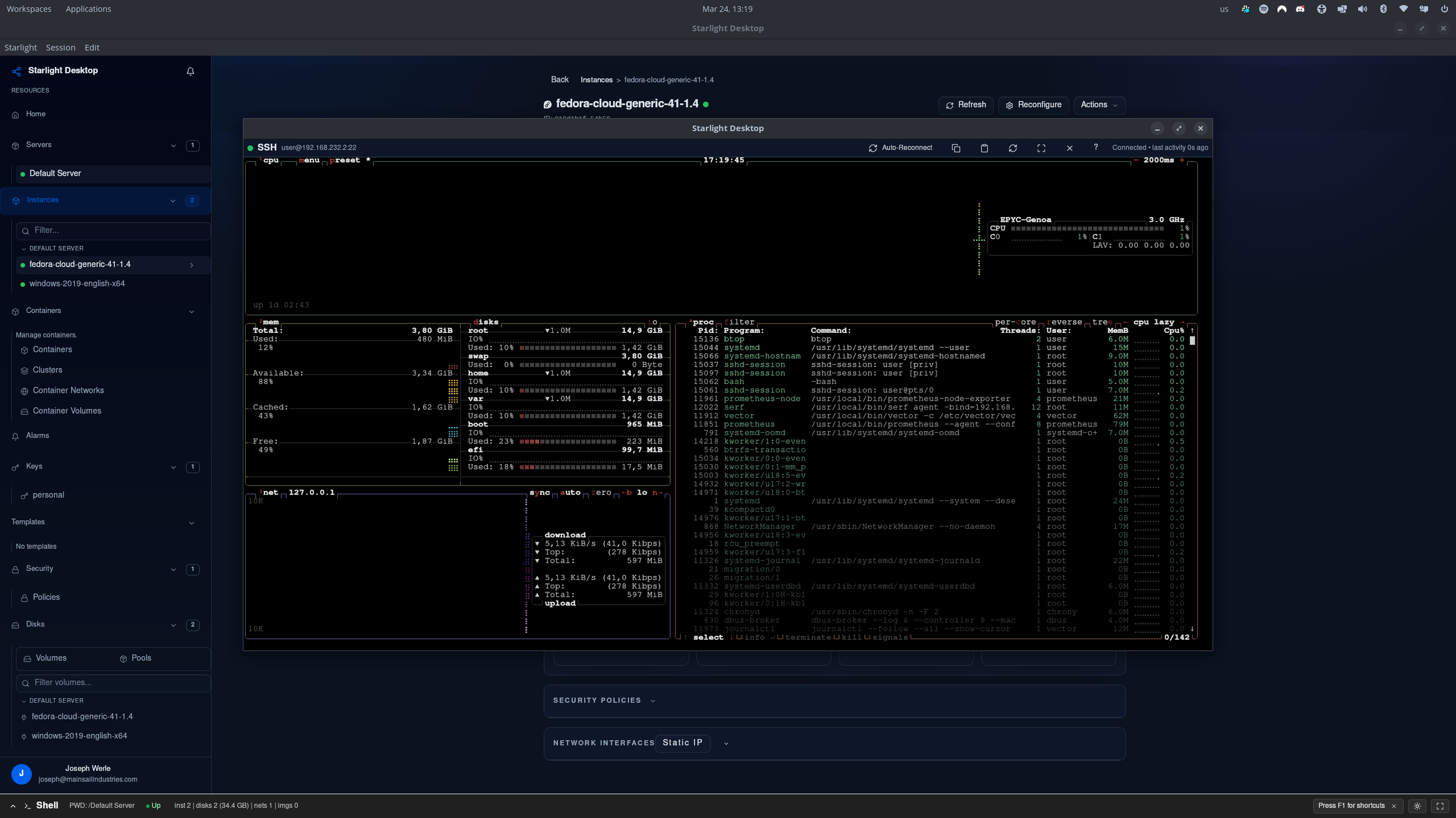 A computer screen displaying a remote server management interface with multiple terminal windows open showing system performance metrics, network activity, and process information.