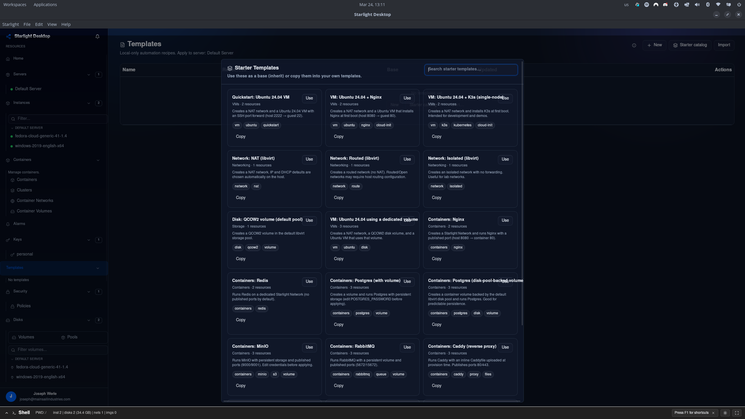 A screenshot of the Starlight Desktop software interface displaying a list of starter templates for server automation, including options like Ubuntu VM, network configurations, containers, and storage volumes.