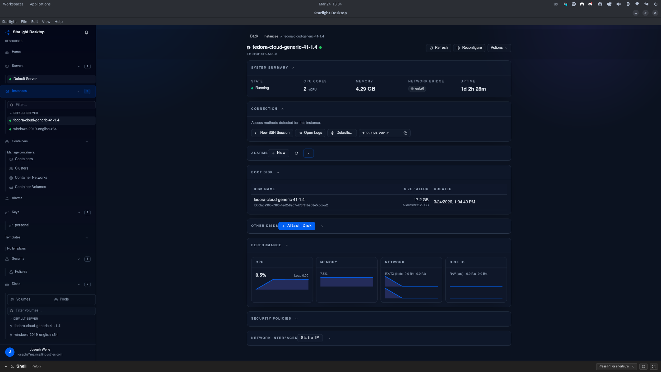Screenshot of a computer dashboard displaying system information for a Fedora cloud server, including system status, connections, disk details, performance metrics, and network interfaces.