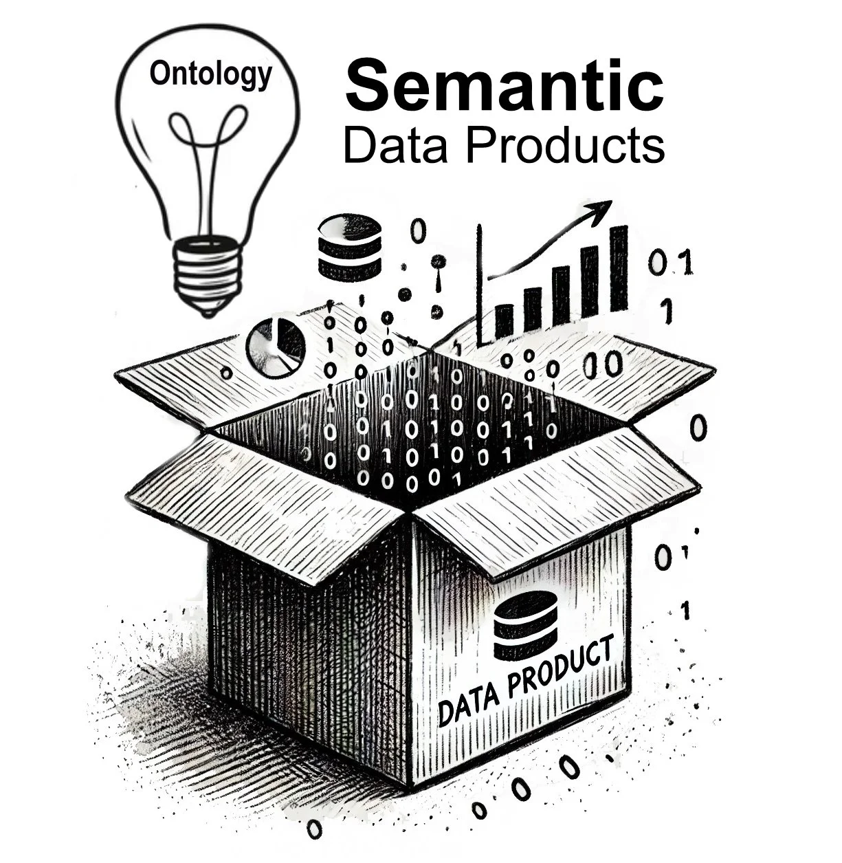 Illustration of a box labeled 'Data Product' with digital data and graphs emerging from it, representing data products in semantic data and ontology.