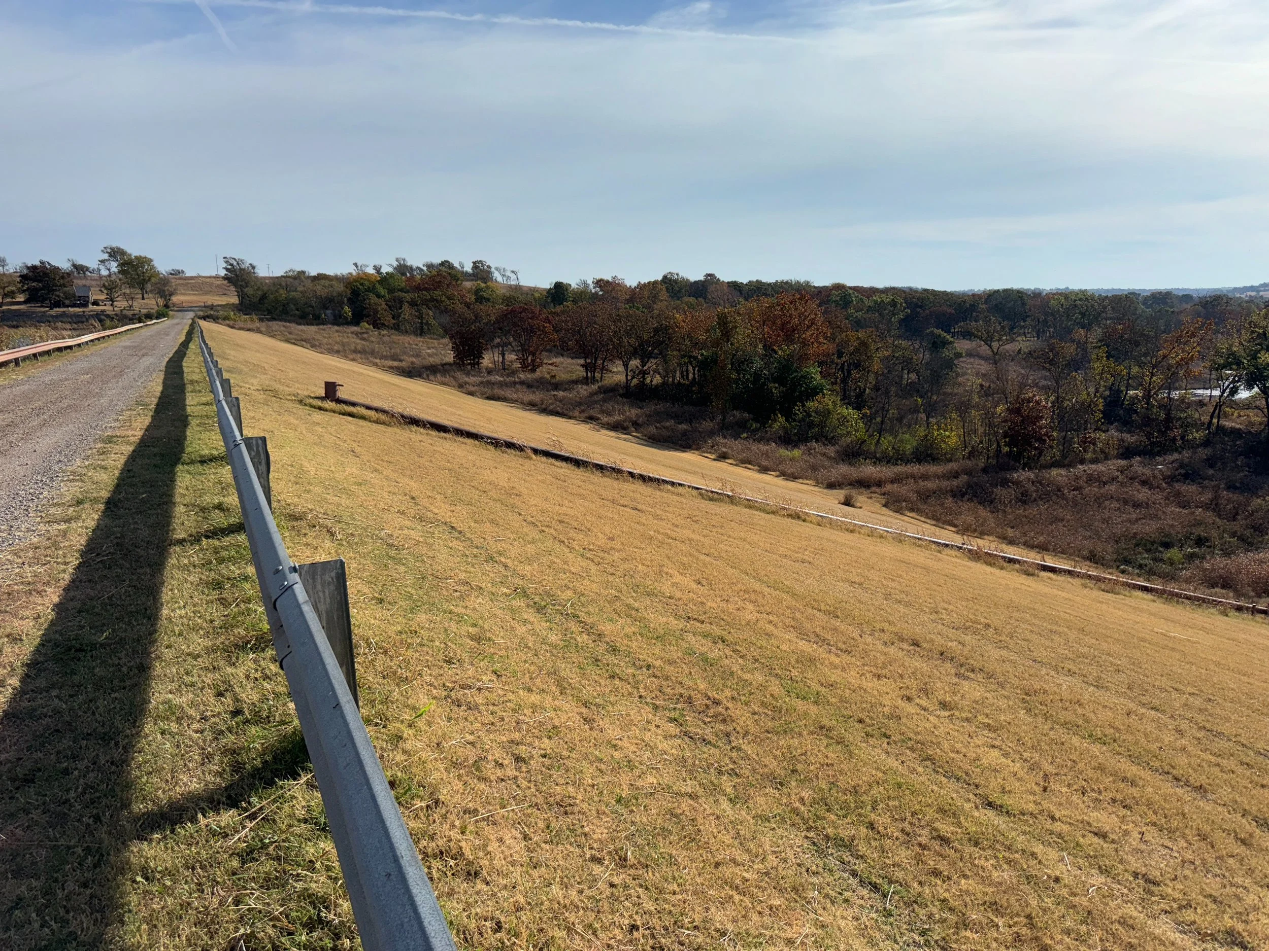 gravel road with metal guardrail beside grassy slope, trees and sky in background