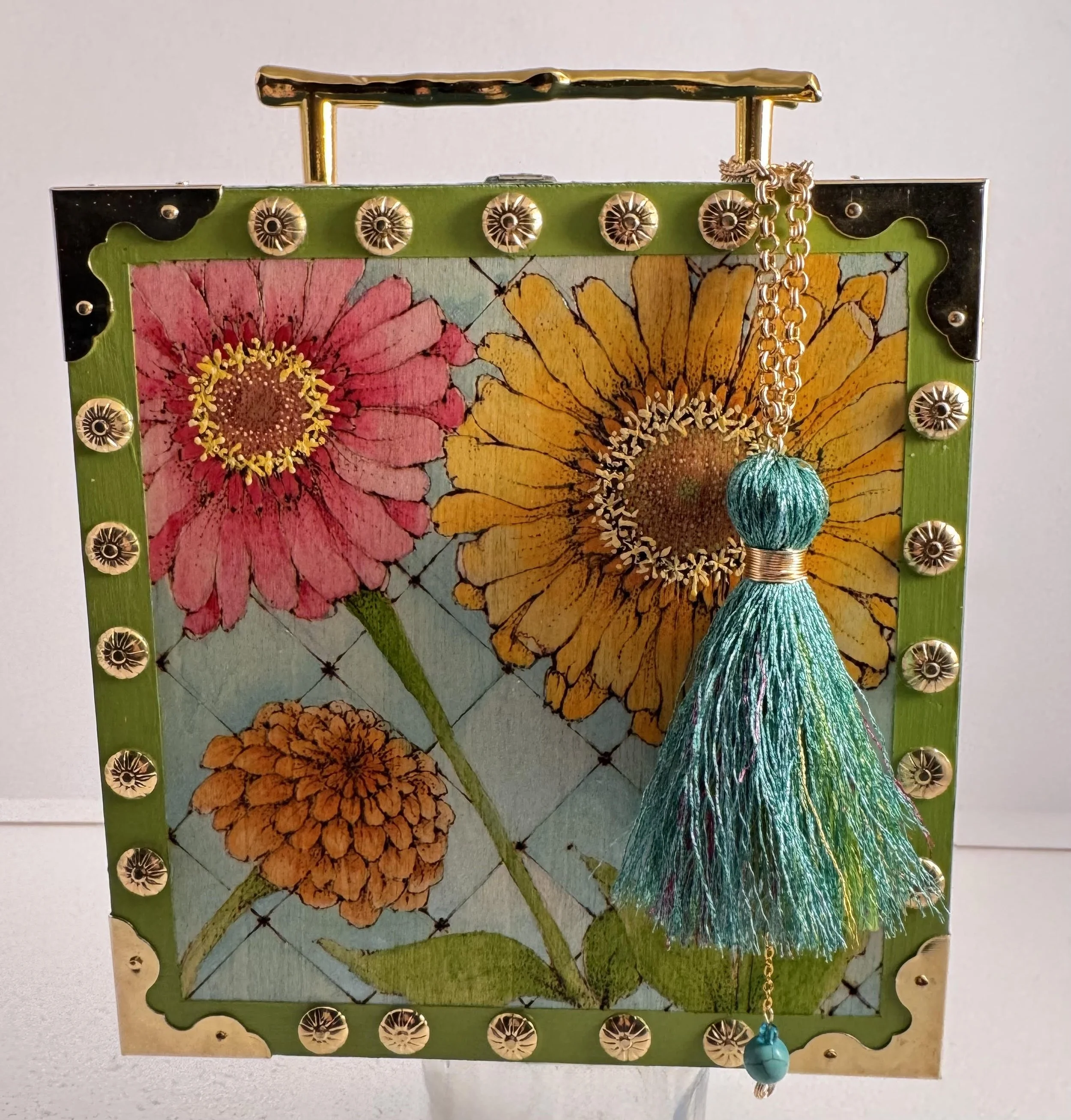 Cigar Box Purse - 2026
Wood, metal, watercolor, acrylic & pyrography