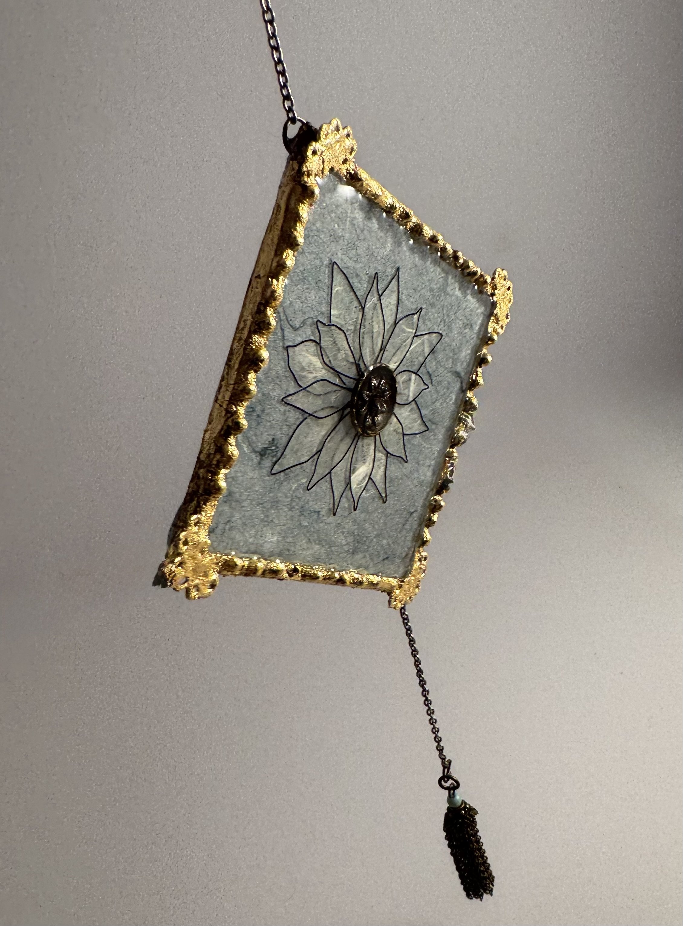Window charm 2025
Wood, wire, paper, resin, gold leaf, 19th centrury botton. (SOLD)