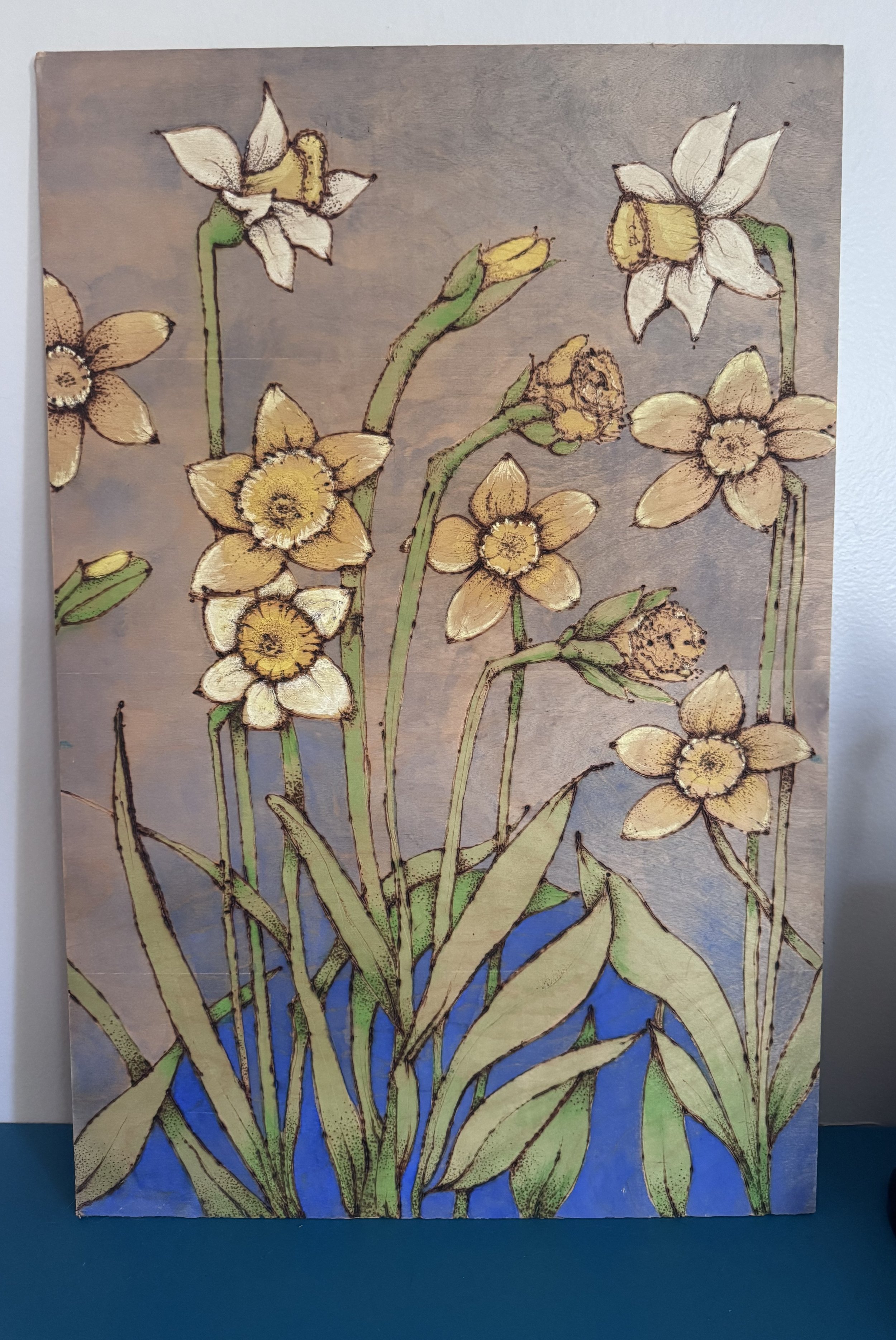 Dancing Daffodils - 2022
Pyrography & watercolor on wood 