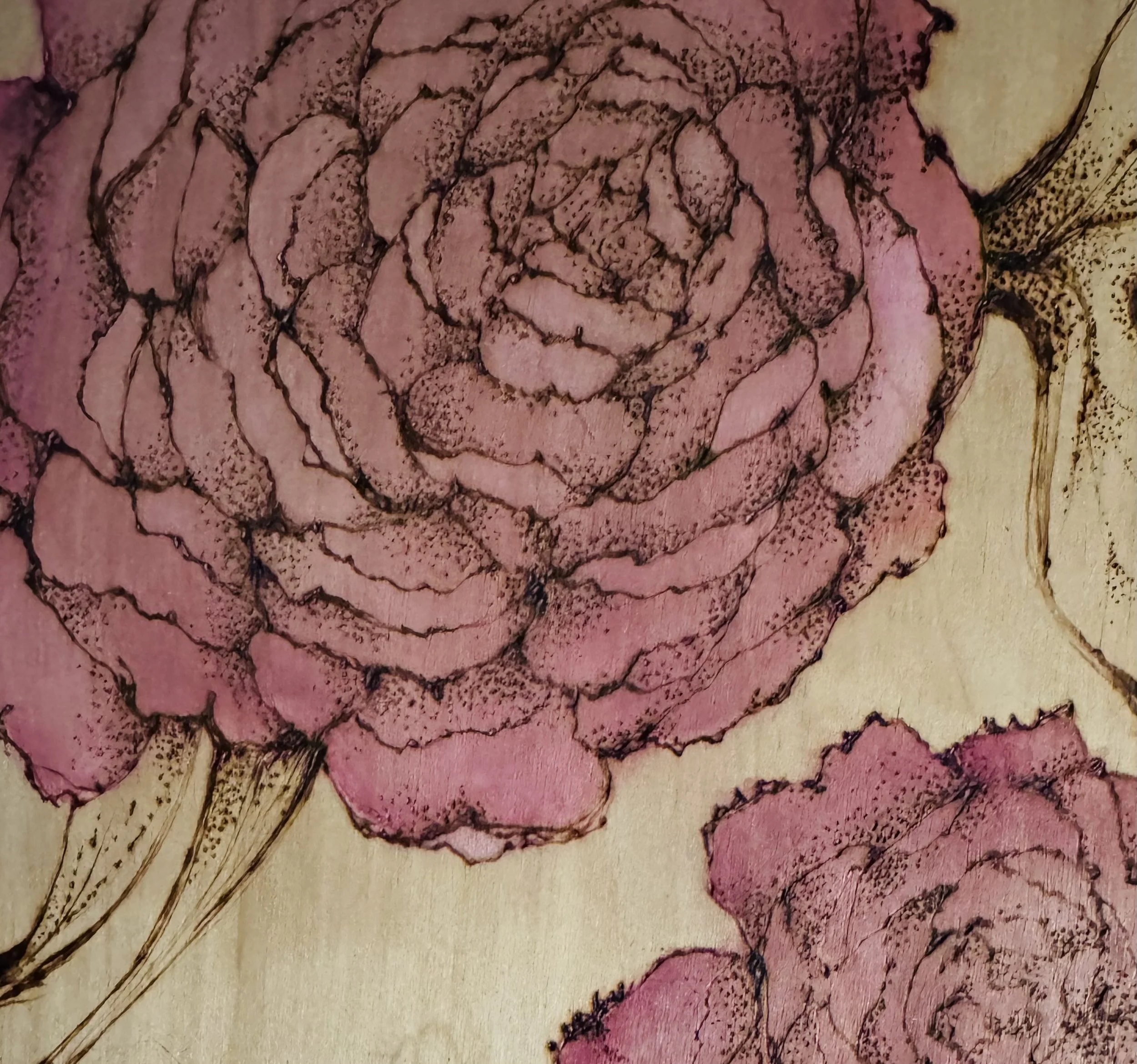 Close-up Peonies 2018
Wood, watercolor, pyrography