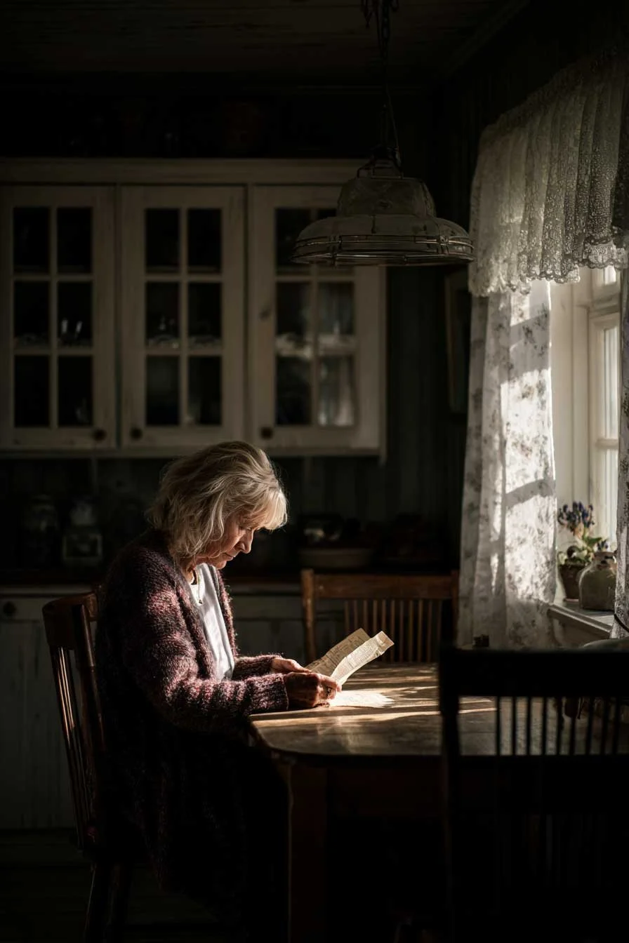 Äldre kvinna vid ett skrivbord läsande en bouppteckning.