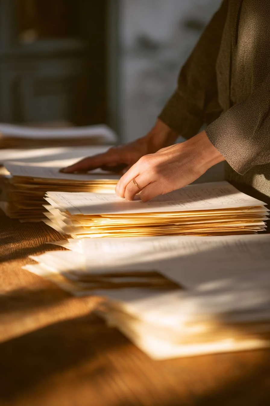 En kvinnas händer som rör vid pappershögar på ett skrivbord underv en bouppteckning.