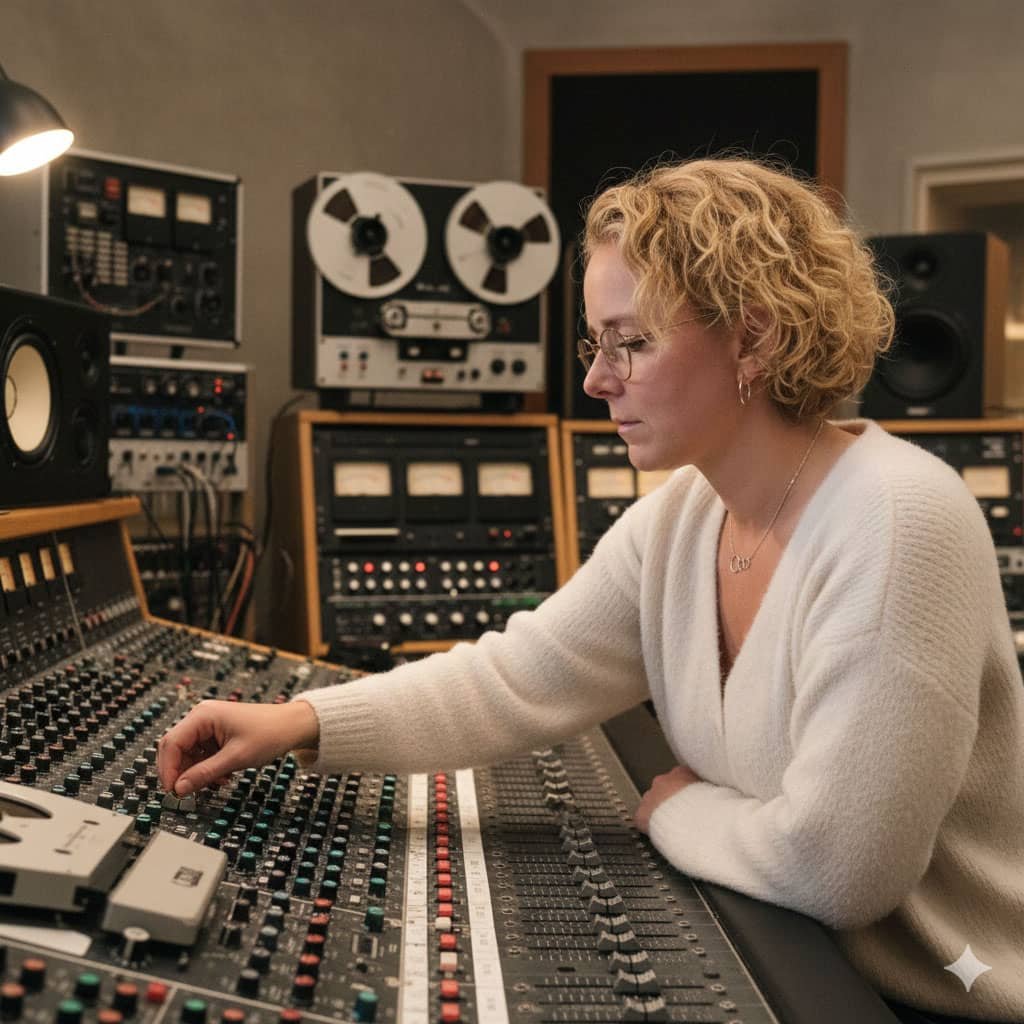 Kvinna i en studio på Sveriges  radio.