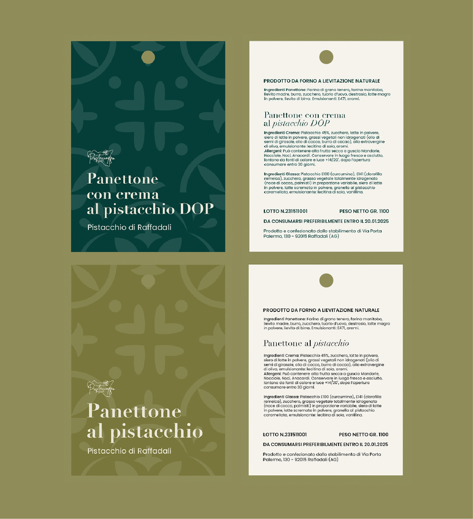 Label design di etichette per panettone al pistacchio artigianale con crema al pistacchio.