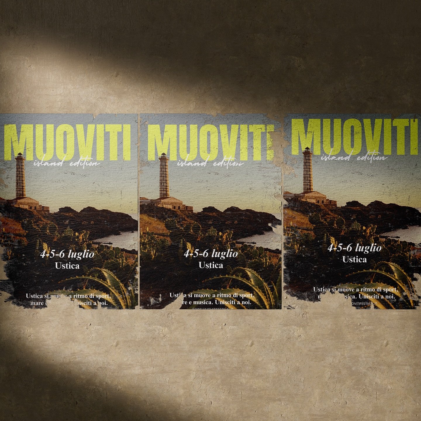 Affissioni urbane per evento Muoviti Island Edition a Ustica, comunicazione visiva, art direction e poster design