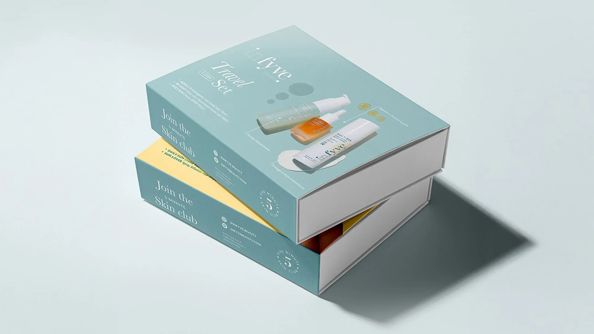 Packaging design per travel set skincare Infyve, box prodotto per beauty brand premium