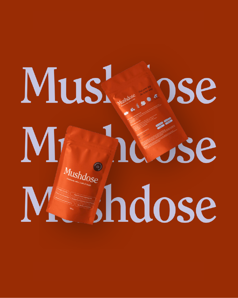 Packaging design per Mushroom Coffee Mushdose, il primo caffè di funghi italiano, progetto di branding e identità visiva firmato Aspro Studio