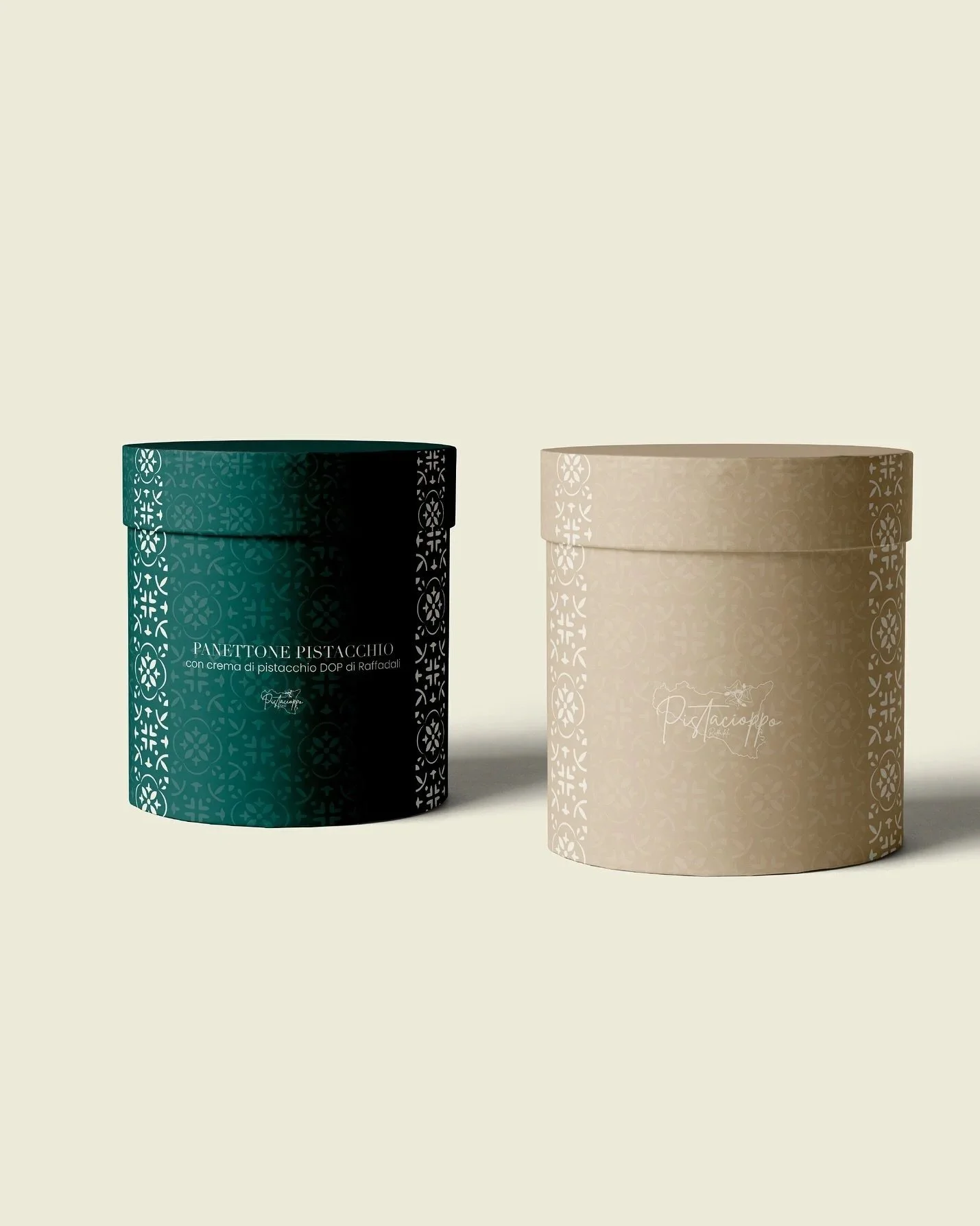 Packaging panettone al pistacchio di Raffadali DOP con crema al pistacchio, identità visiva elegante per prodotto food artigianale.