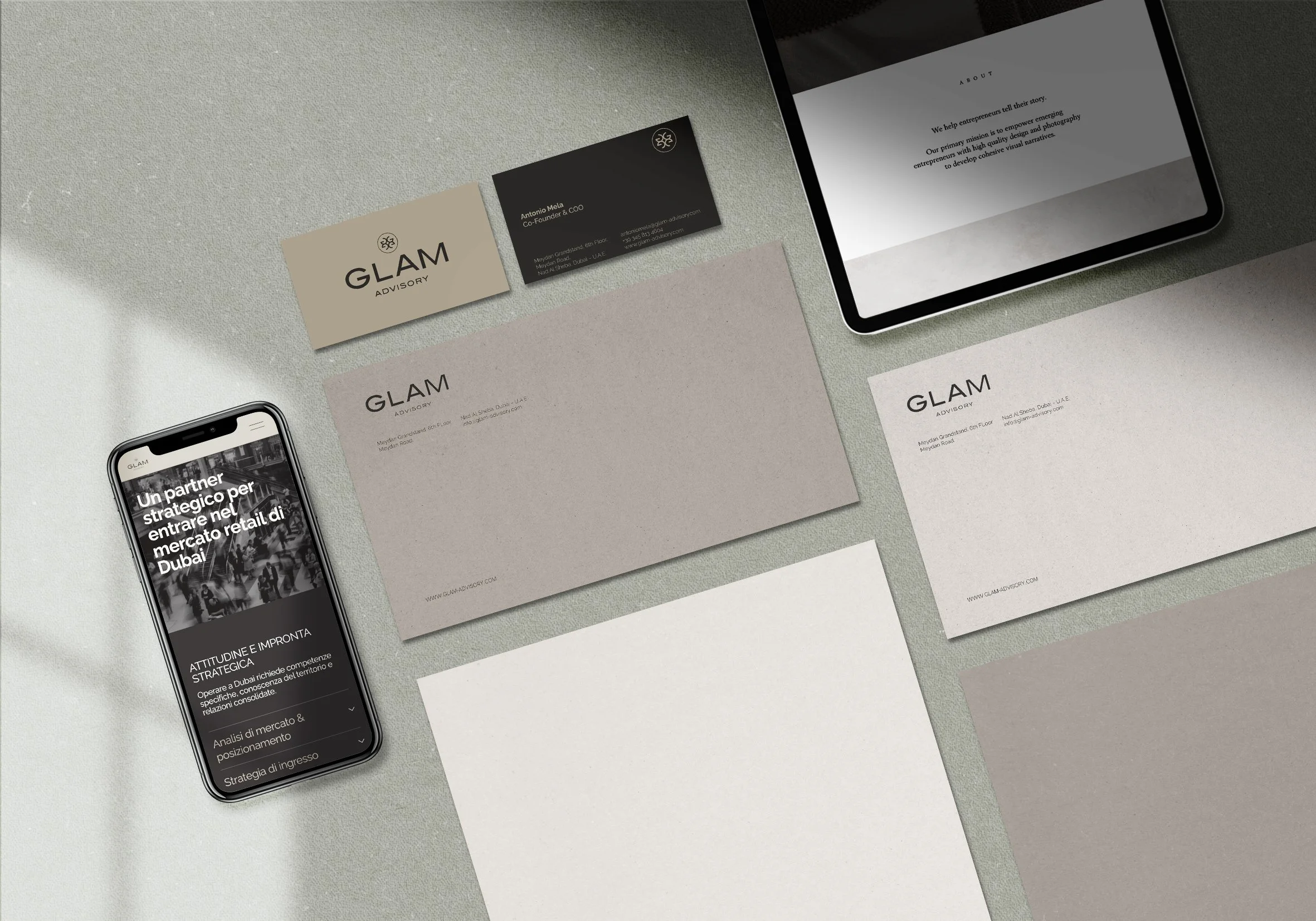 Coordinato Glam Advisory, sistema di brand identity, biglietti da visita, carta intestata e web desig