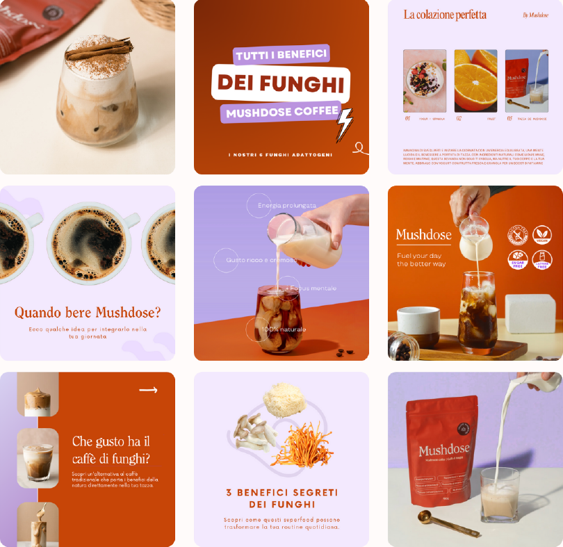 Contenuti social media per Mushdose, direzione creativa e visual design per brand food & beverage