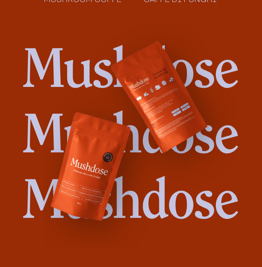 Packaging design per Mushroom Coffee Mushdose, il primo caffè di funghi italiano, progetto di branding e identità visiva firmato Aspro Studio