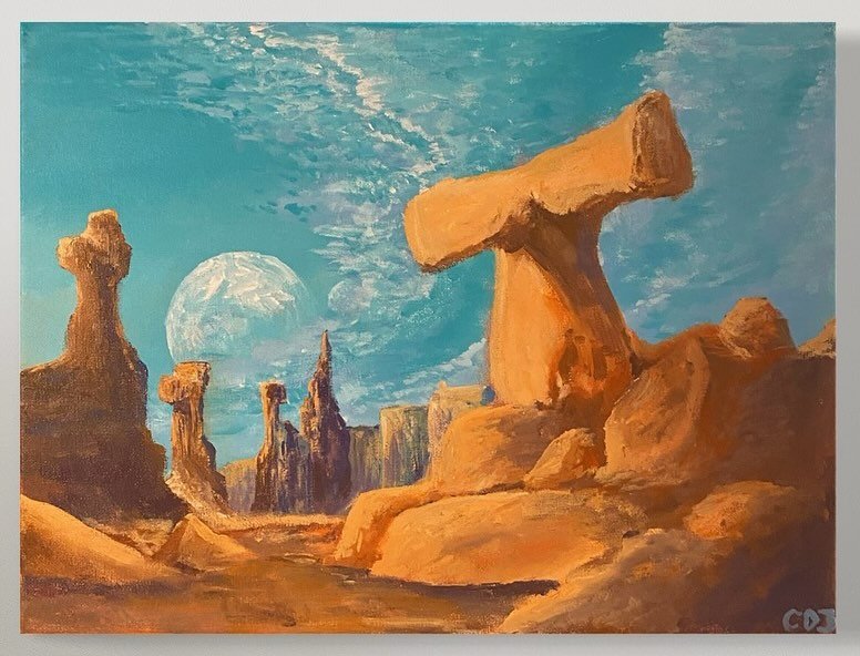 &ldquo;Hammerhead Rock&rdquo; 12x16&rdquo; acrylic on canvas
.
.
.
.
#art #desert #landscape #desertlandscape #surrealart #surreal #scifi #painting #acrylic #artoftheday #artofinstagram #artgallery #hammerhead #rocks