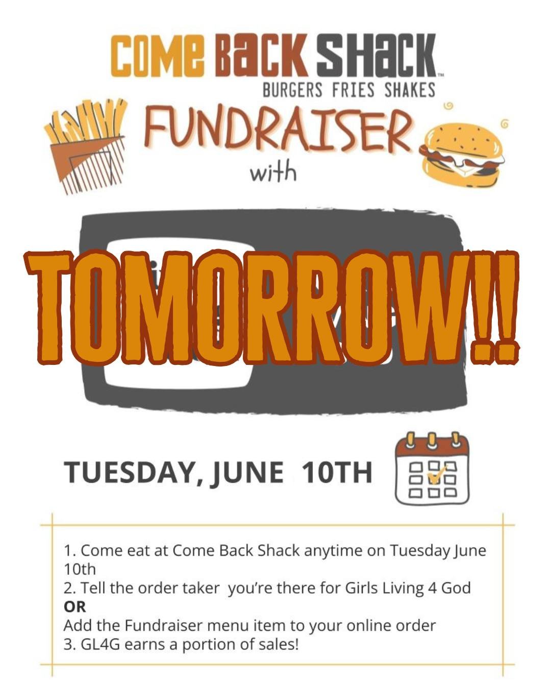 Tomorrow is the day!! Don&rsquo;t forget to head out to Come Back Shack tomorrow in Boone, NC to support GL4G! When you order your food and tell the cashier you&rsquo;re there for GL4G. If you order online or at the kiosk, make sure to add the fundra
